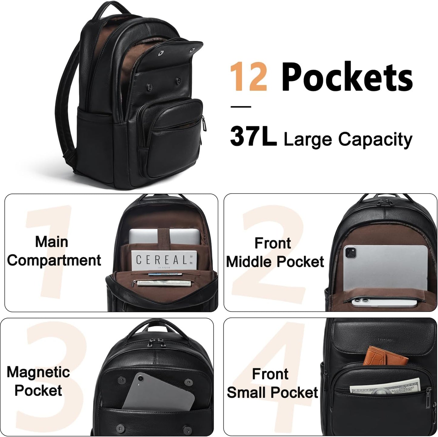 37L Backpack Purse for Women Men for Work Travel Back Pack Laptop Purses Vegan Leather Fashion College Daypack Black