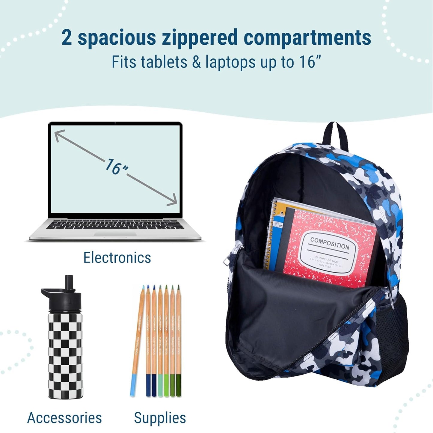 Wildkin 16-inch Kids Backpack – Durable, Padded & Spacious School Bag for Boys & Girls - Blue Camo