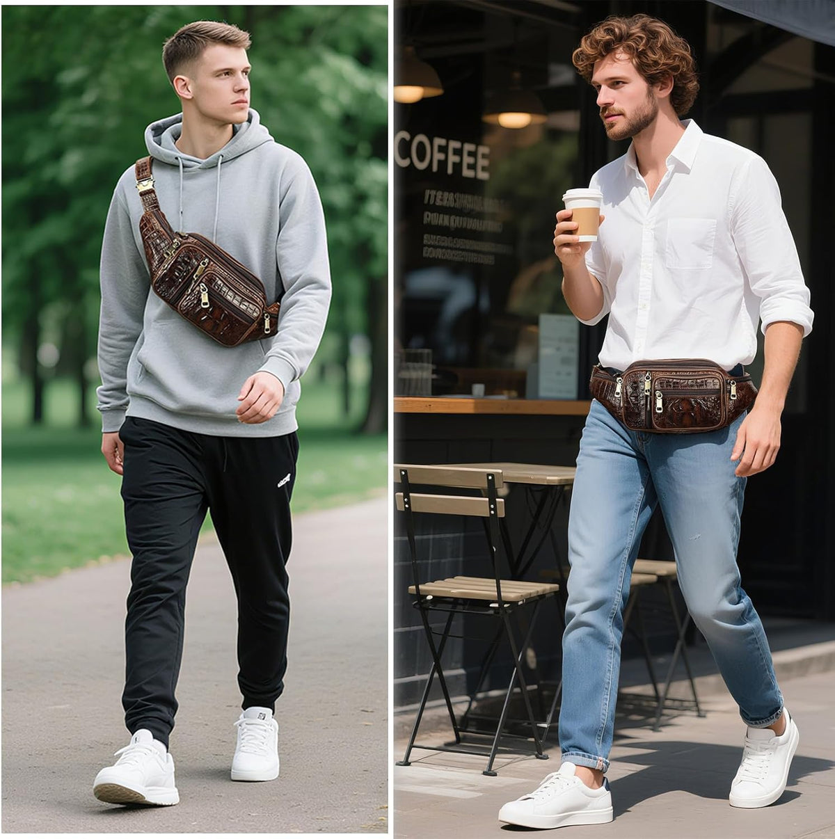 Genuine Leather Fanny Pack large capacity Crossbody Waist Bag with Zipper phone Pockets crocodile