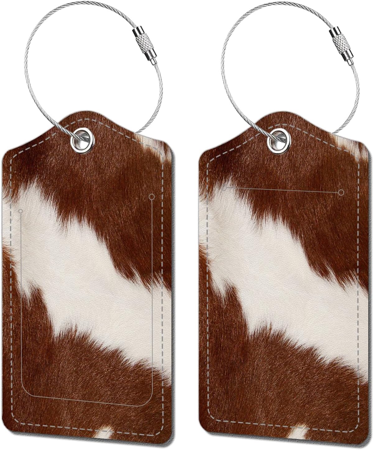 2 Pack Luggage Tags for Suitcase, Cow Hide Brown Leather Suitcase Tags Cruise Ship with Privacy Cover and Double Metal Loop for Women Men Girls Boys Travel Baggage Bag Backpack Tags, Cow Printed