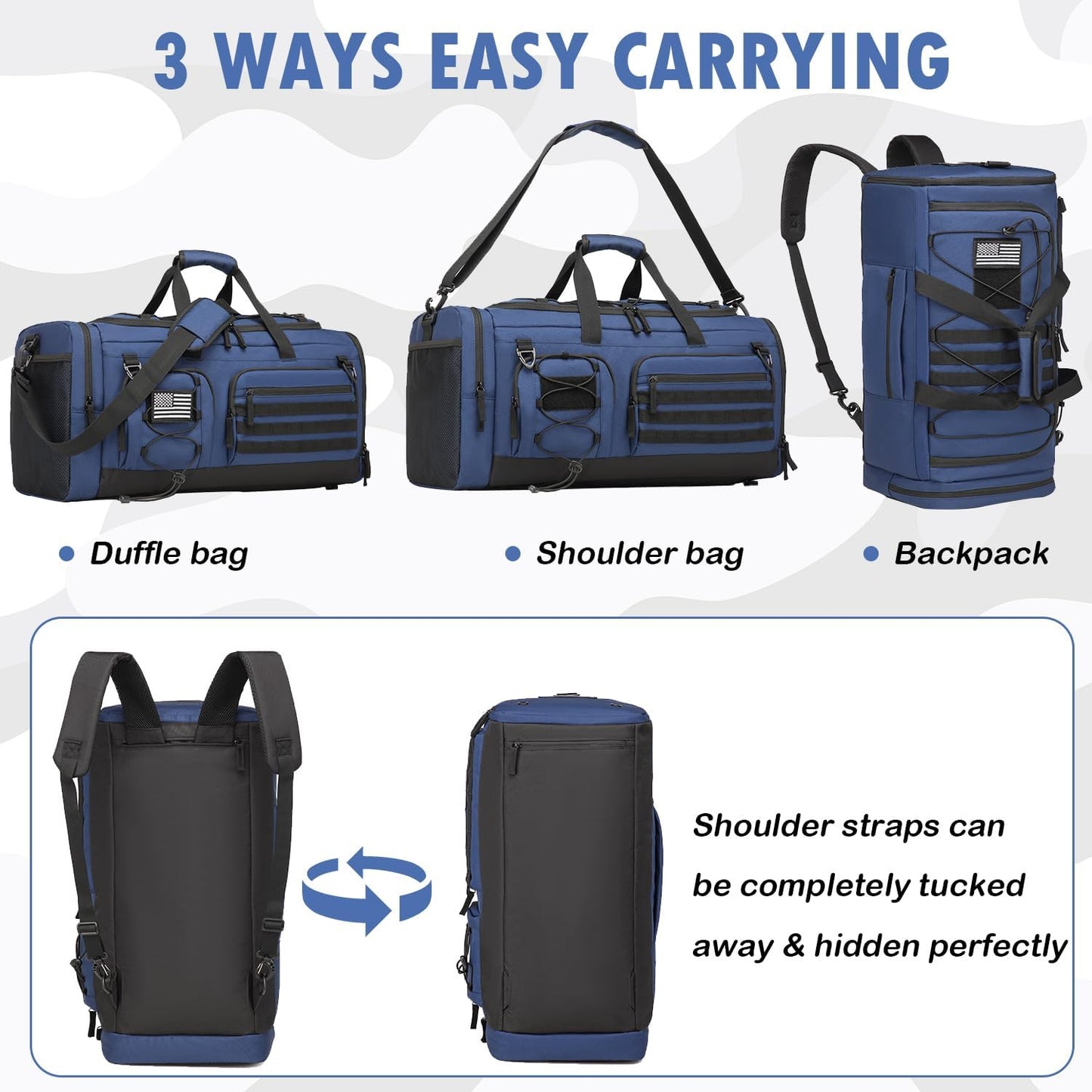 Gym Bag for Men and Women, 50L Extra Large Duffle Bag, 3-in-1 Travel Sports Duffel Bags with Shoe & Laptop Compartment for Overnight Weekender Gym Traveling Workout Deployment, Black+ Blue