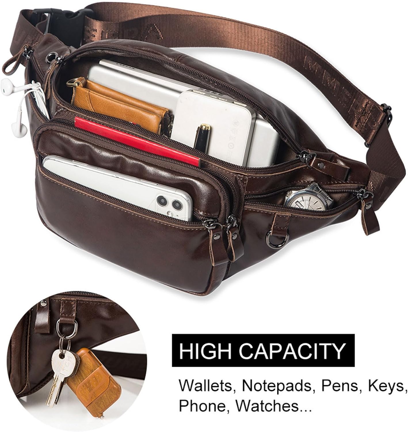 Genuine Leather Fanny Pack for Men Crossbody Chest Bag Outdoor Sports Waist Pack High Capacity Sling Bag (Brown)