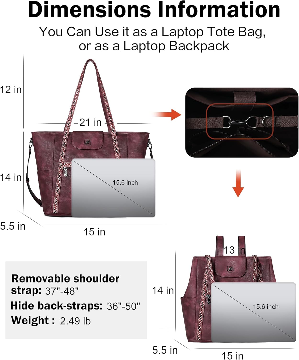 FADEON Large Laptop Tote Bag for Women Designer Leather Laptop Bag Fashion Travel Backpack Purse Shoulder Handbag