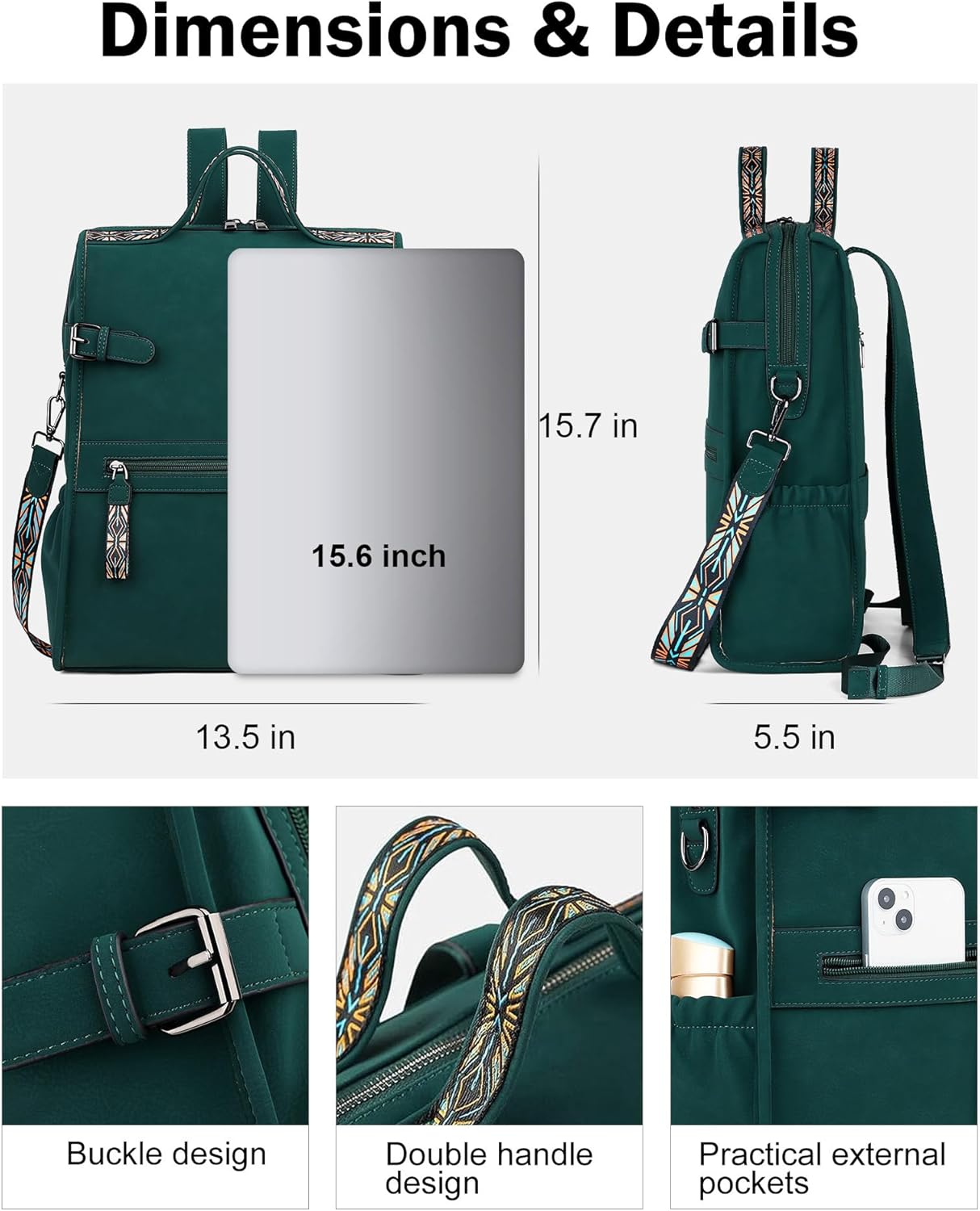 FADEON Leather Laptop Backpack for Women, Designer Ladies Work Travel Computer Backpack with Laptop Compartment Suede Green