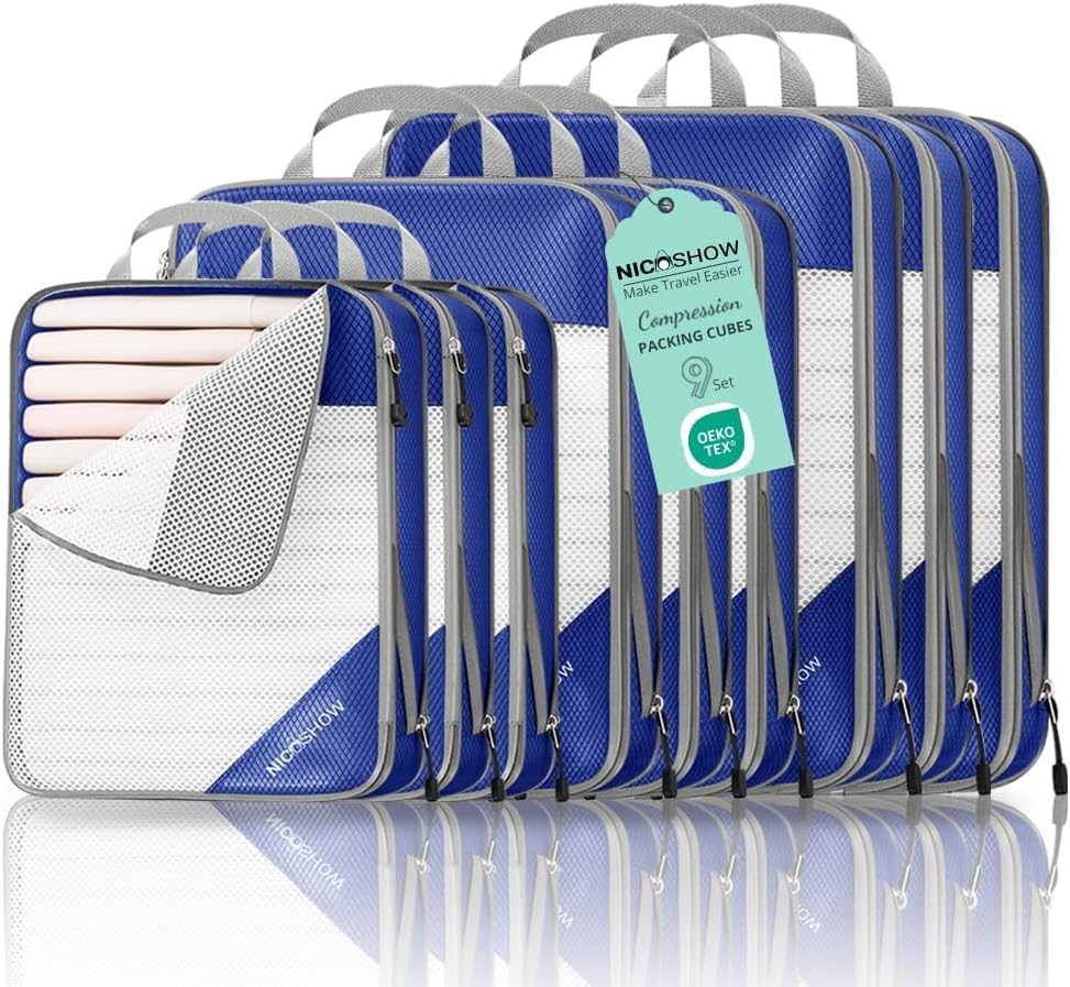 9 Set Compression Packing Cubes for Travel - Compressible, Lightweight, and Space-Saving Packing Cubes, Travel Essentials for Women, Royal Blue