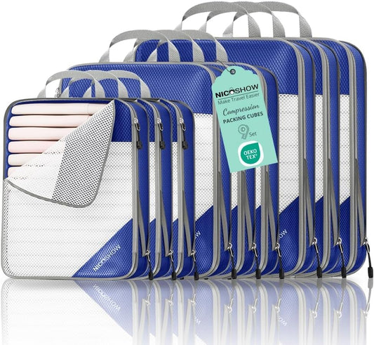 9 Set Compression Packing Cubes for Travel - Compressible, Lightweight, and Space-Saving Packing Cubes, Travel Essentials for Women, Royal Blue