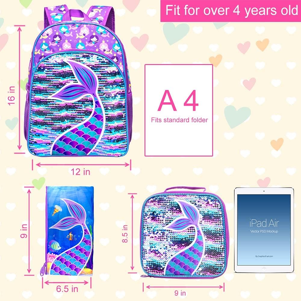 3PCS Kids Backpacks for Girls, 16" Little Kid Preschool School Bookbag and Lunch Box - Unicorn/Mermaid/Flamingo