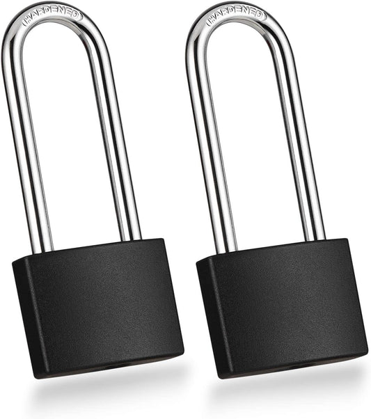2 Pack Covered Aluminum Padlocks with Key, Black Locker Lock with Long Shackle for Gates, Fences, Toolboxes,