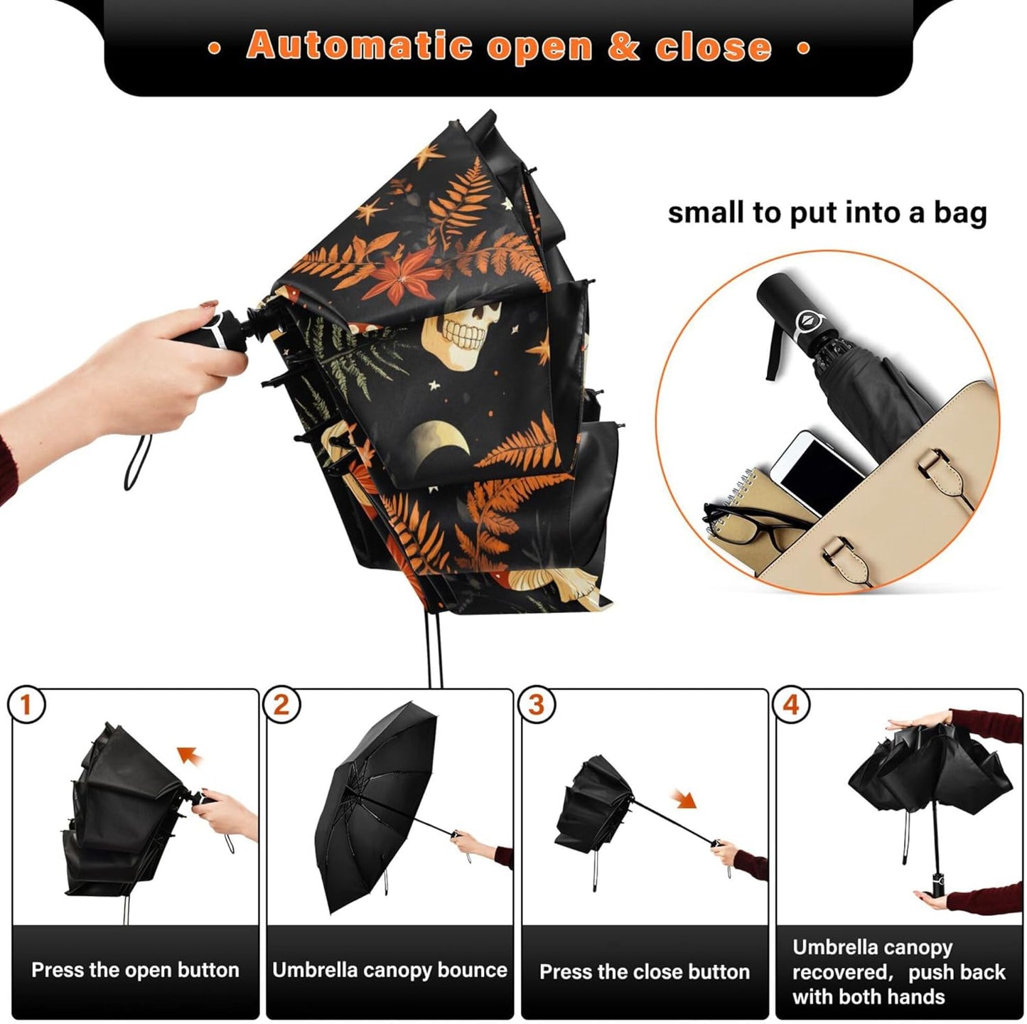 Automatic Folding Umbrella Windproof Strong, UV Protection Compact Black Gothic Moon Spider Webs and Bats Sun Rain Sun Rain Travel Umbrellas for Women Men