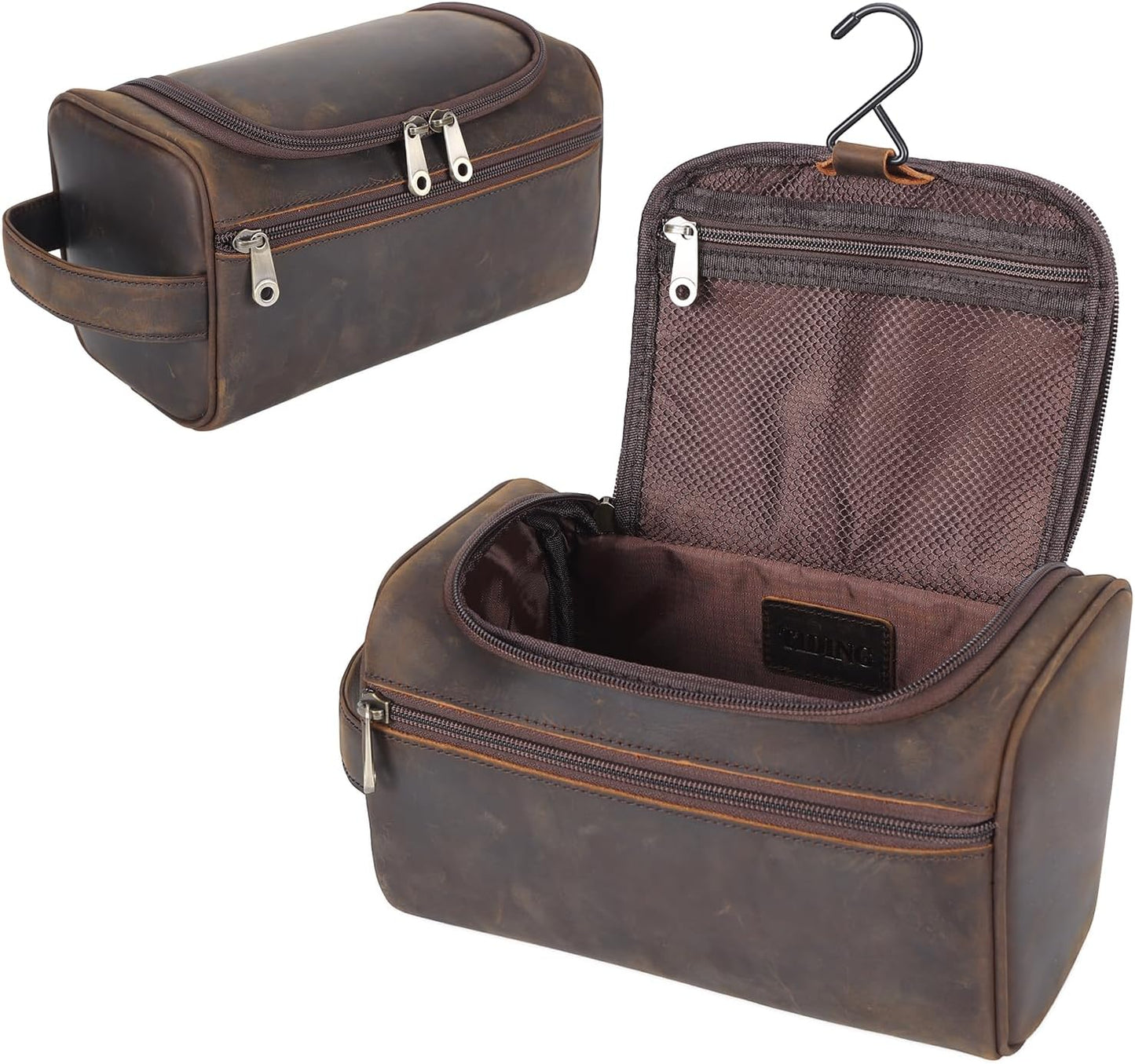 TIDING Mens Leather Hanging Toiletry Bag Travel Shaving Kit Portable Makeup Cosmetic Organizer Wash Case