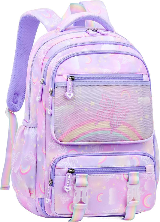 Kids Backpack for Girls Cute Rainbow Butterfly Backpacks for Teen Girls Age 8-12 Kindergarten Elementary Bookbag,Purple