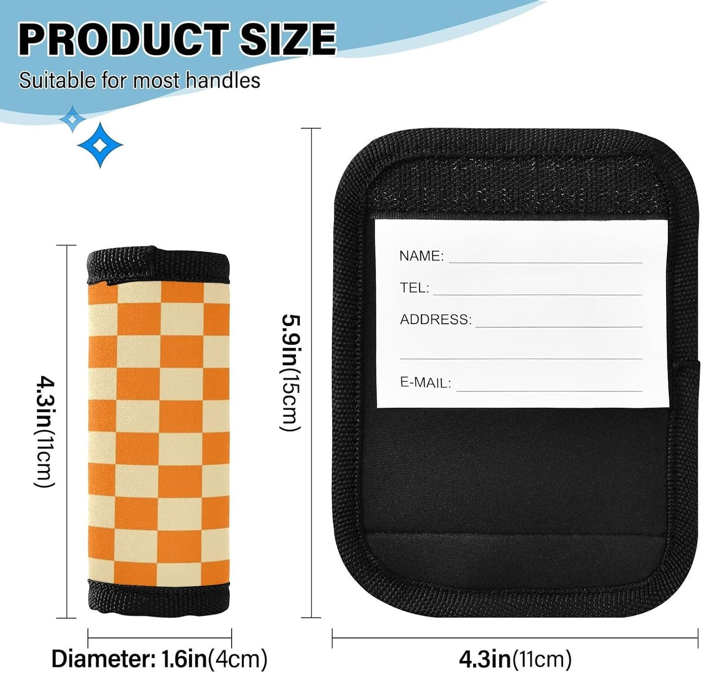 2 PC Luggage Handle Wrap Luggage Handle Covers Tags for Suitcase Bags Travel Luggage Handle Identifier Gripper Retro Orange Checkered Squares