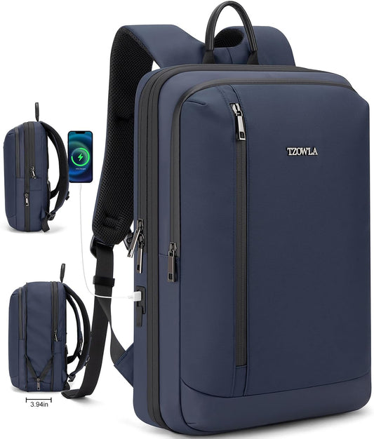 Tzowla Business Expandable Laptop Backpack for Men Professional,Slim Waterproof Backpacks for Travel/Work/Office/College with USB/Type C Charging Port,Lightweight Bag Fit 17.3 Inch Notebook(Blue)