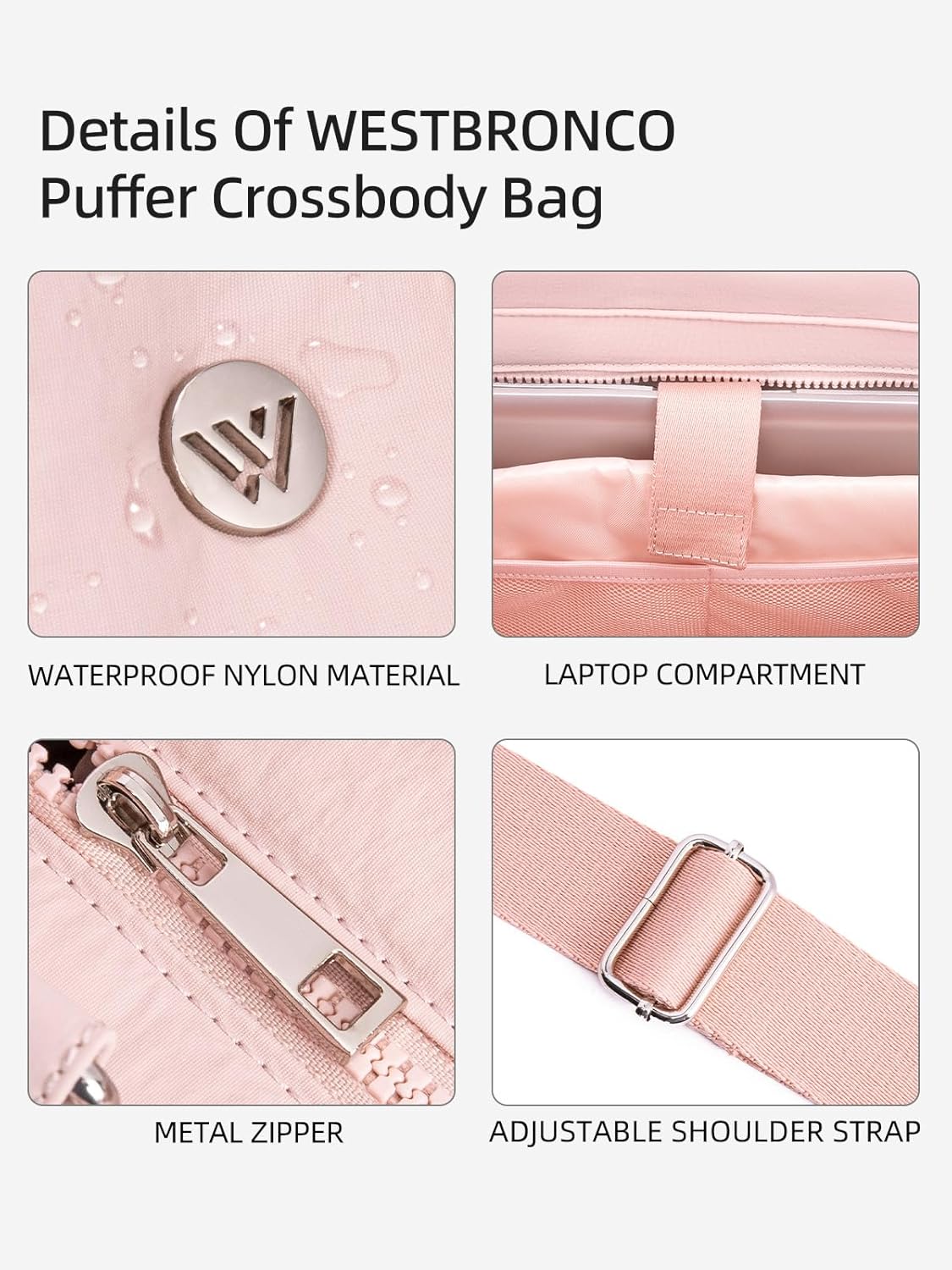WESTBRONCO Puffer Crossbody bags for Women Puffy Quilted Tote Handbags Nylon Weekender Overnight Bag with Adjustable Strap