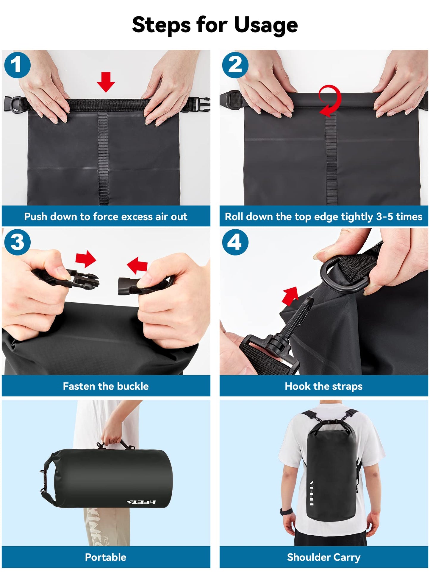 HEETA Waterproof Dry Bag for Women Men, Roll Top Lightweight Dry Storage Bag Backpack with