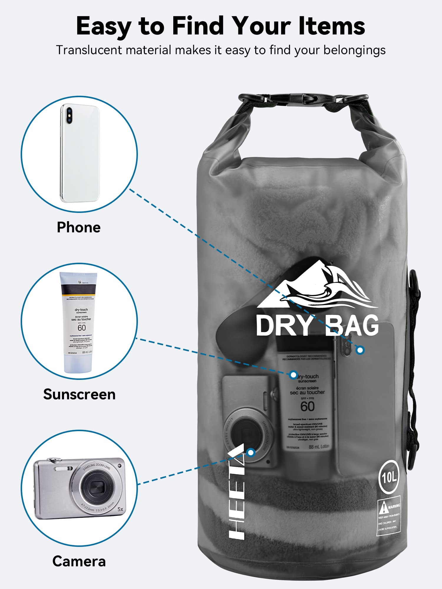 HEETA Dry Bag Waterproof for Women Men, Roll Top Lightweight Dry Storage Bag Backpack with Phone