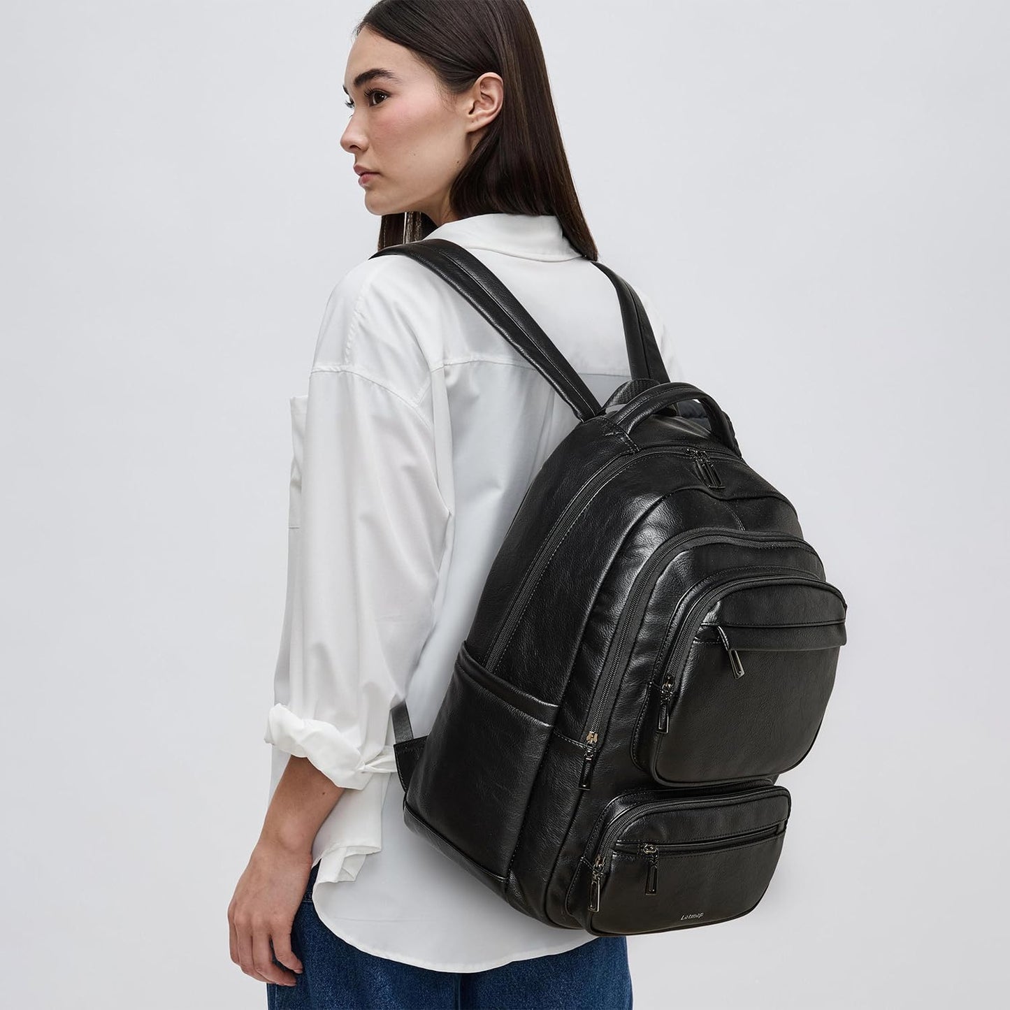 43L Backpack Purse For Women Leather Shoulder Diaper Bookbag Tote 17 16 15.6 Inch Laptop Bag Handbags For Travel Work College Large Black
