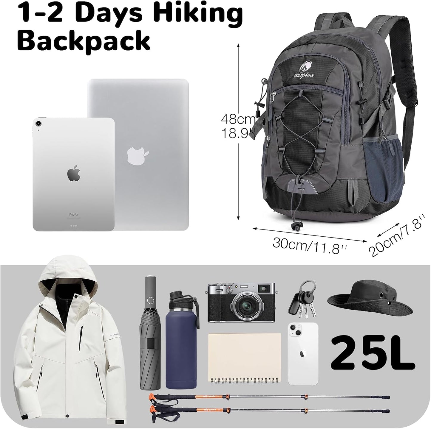 25L Small Hiking Backpack Daypack for Men, Waterproof Outdoor Backpack with Chest Strap for