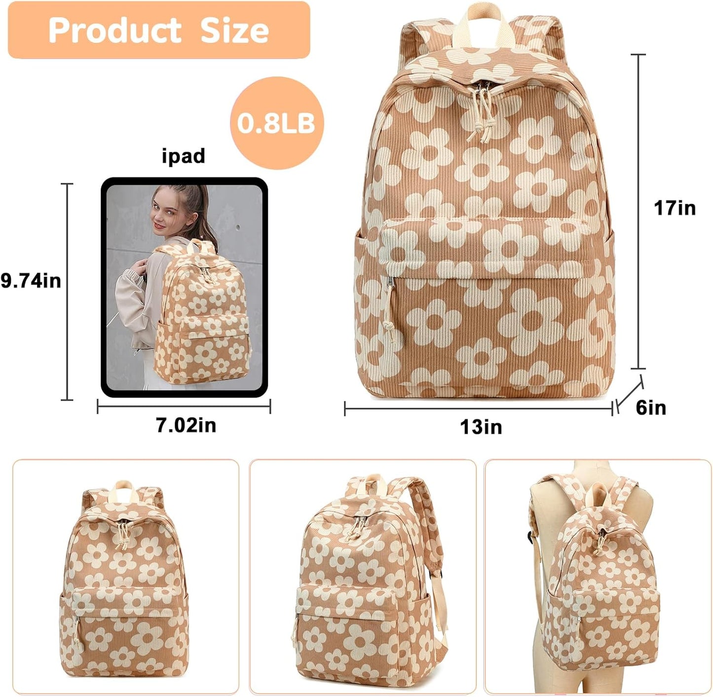 School Backpack for Teen Girls Bookbags Elementary High School Corduroy Laptop Bags Women Travel Daypacks