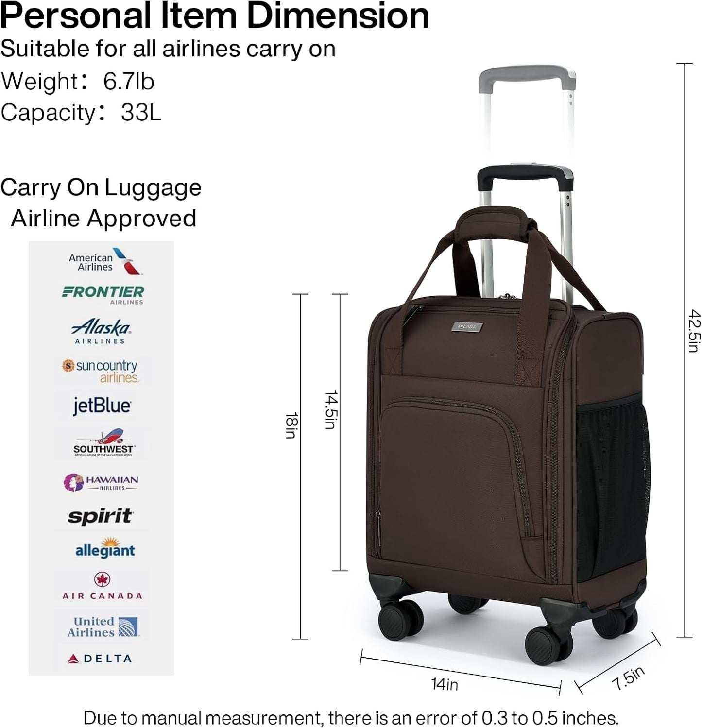 MILADA Carry On Luggage Airline Approved 16 Inch Underseat Small Suitcases with Wheels Softside Travel Luggage Personal Item Overnight Bag Business Mini Suitcase for Women and Men, Coffee
