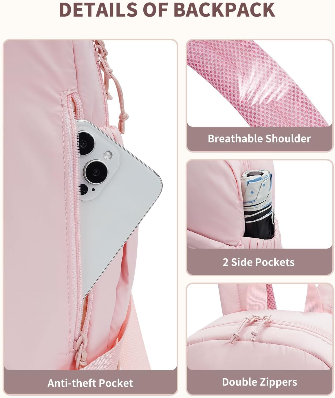Ceneda Gym Backpack for Women, Lightweight Puffer Backpack with Shoe Compartment, Wet Pocket & Tumbler Strap, Cute Daypack for Fitness, Daily Use & Travel (Pink)