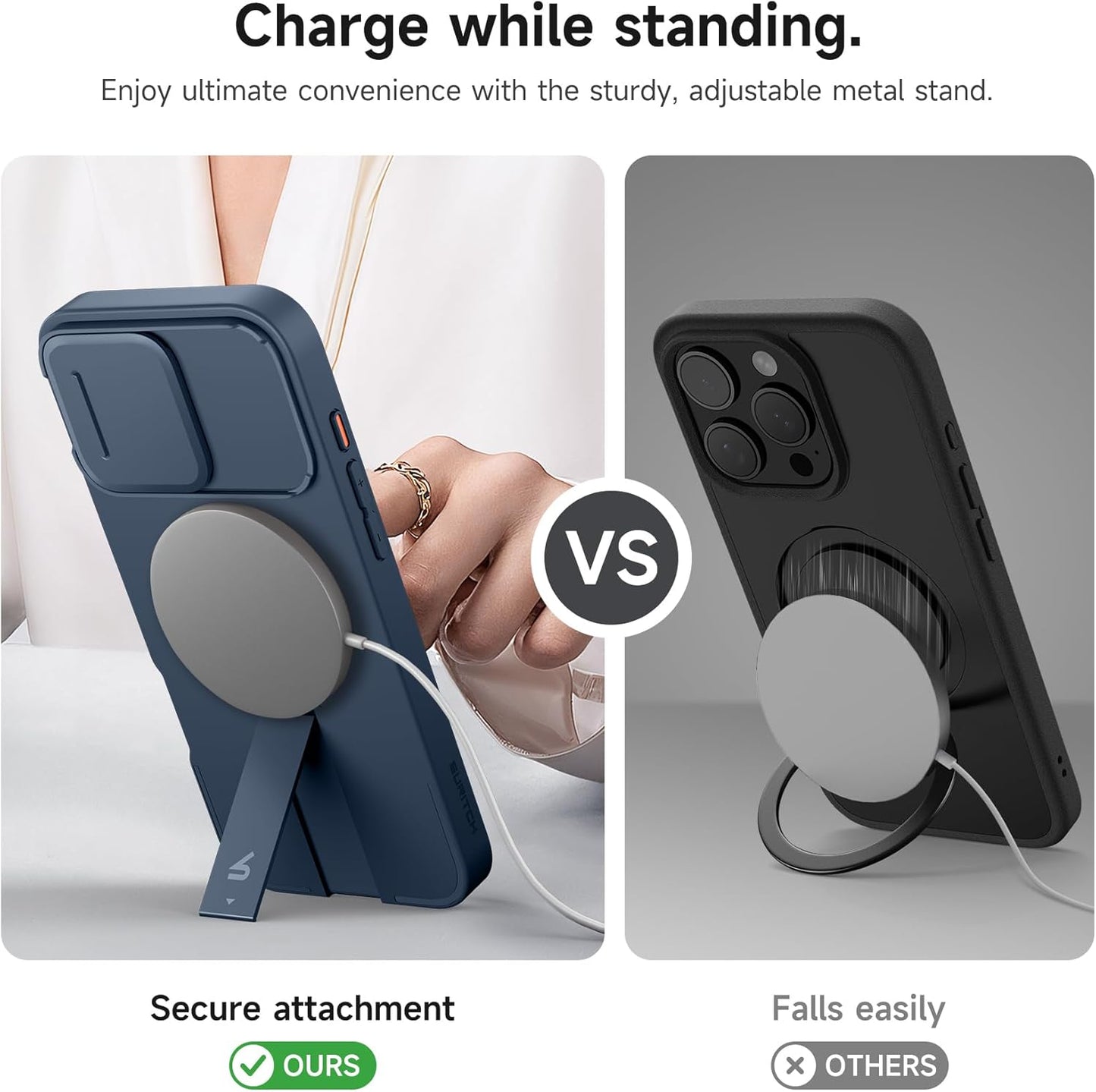 SURITCH for iPhone 16 Pro Max Case with Magnetic Camera Slide Cover and Adjustable Kickstand, Compatible with MagSafe, Shockproof Bumper Case Slim Protective Cover 6.9 Inch, Blue
