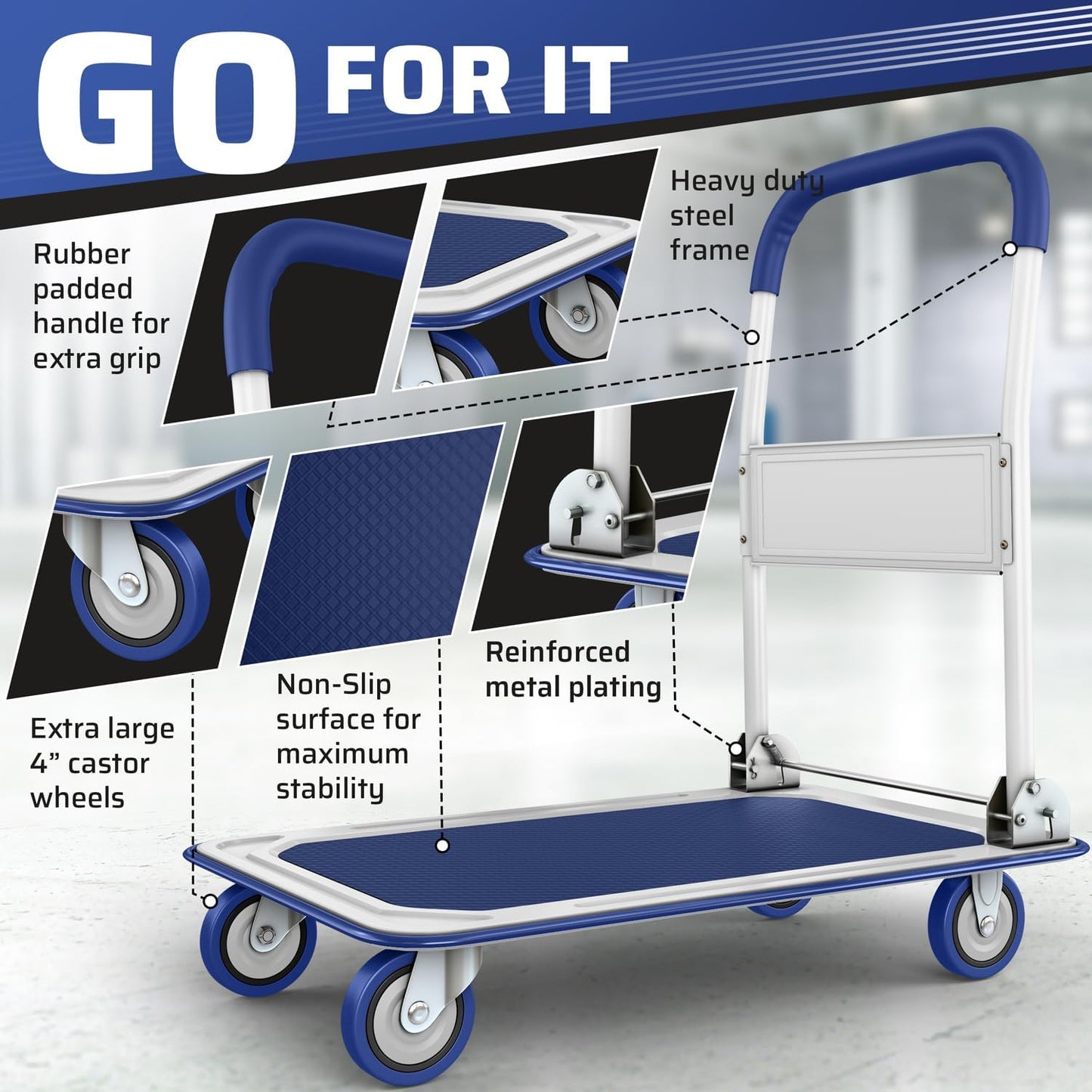 Heavy Duty Foldable Push Cart Dolly | 660 lbs. Capacity | Upgraded Collapsible Hand Truck Folding Platform with Swivel Wheels | Flat Bed Moving Wagon | Space Saving Push Handle (Blue)