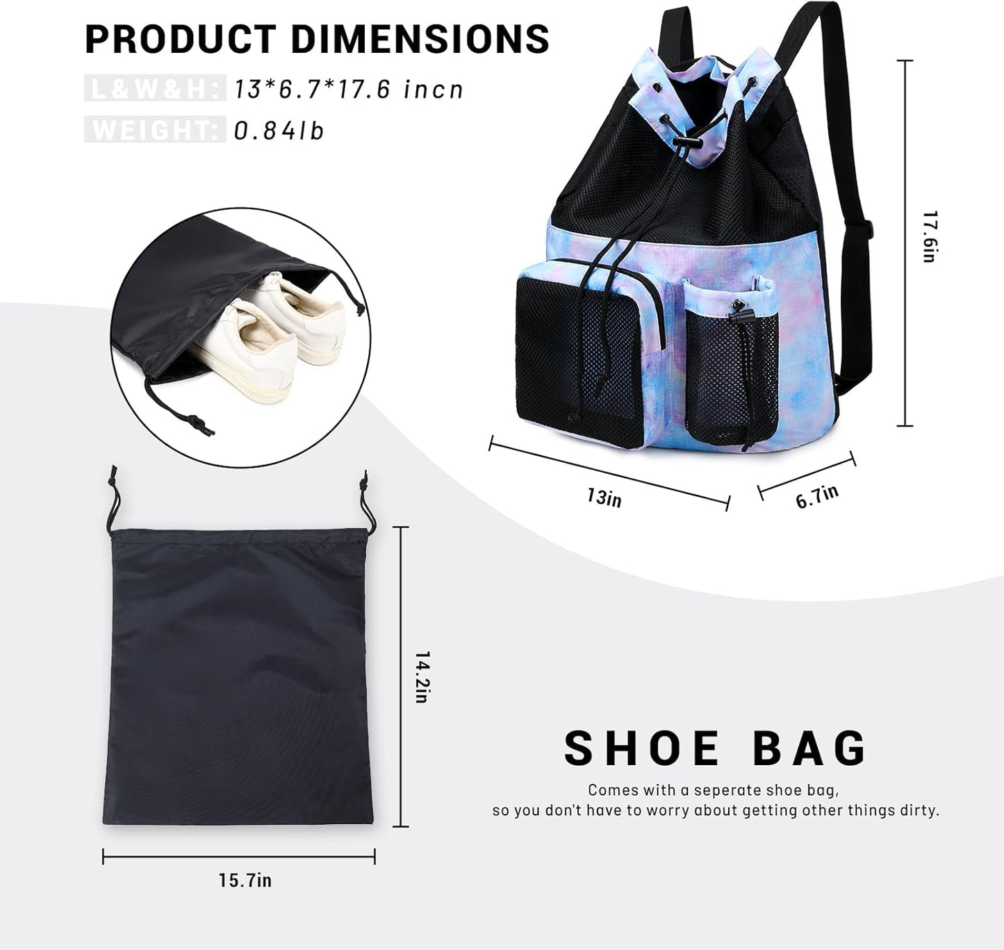 Lohol Large Mesh Drawstring Backpack with Shoe Bag, Durable Swimming String Sack with Handle for