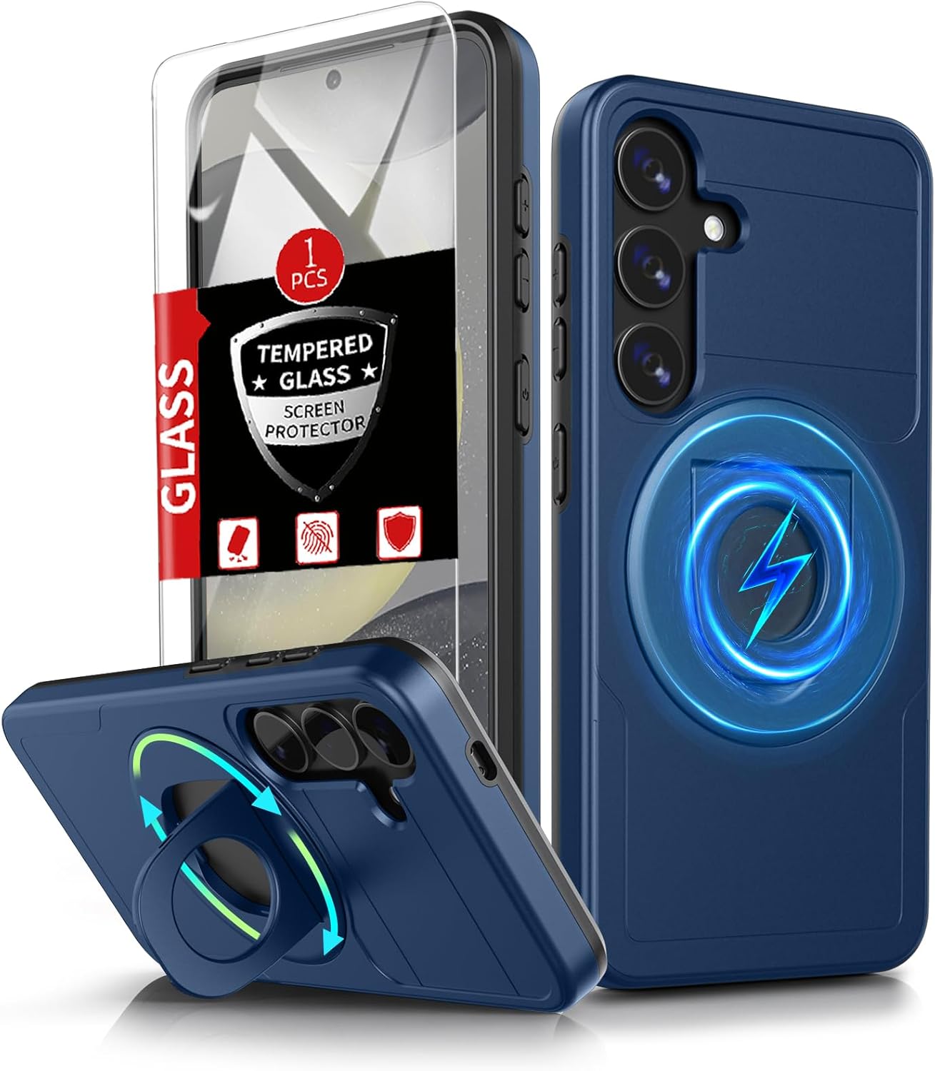 for Samsung Galaxy S24 Case Magnetic Compatible with MagSafe Wireless Charging,with Screen Protector,for S24 Phone Case with Kickstand Ring Anti-Scratch Shockproof Heavy Duty Protection Blue