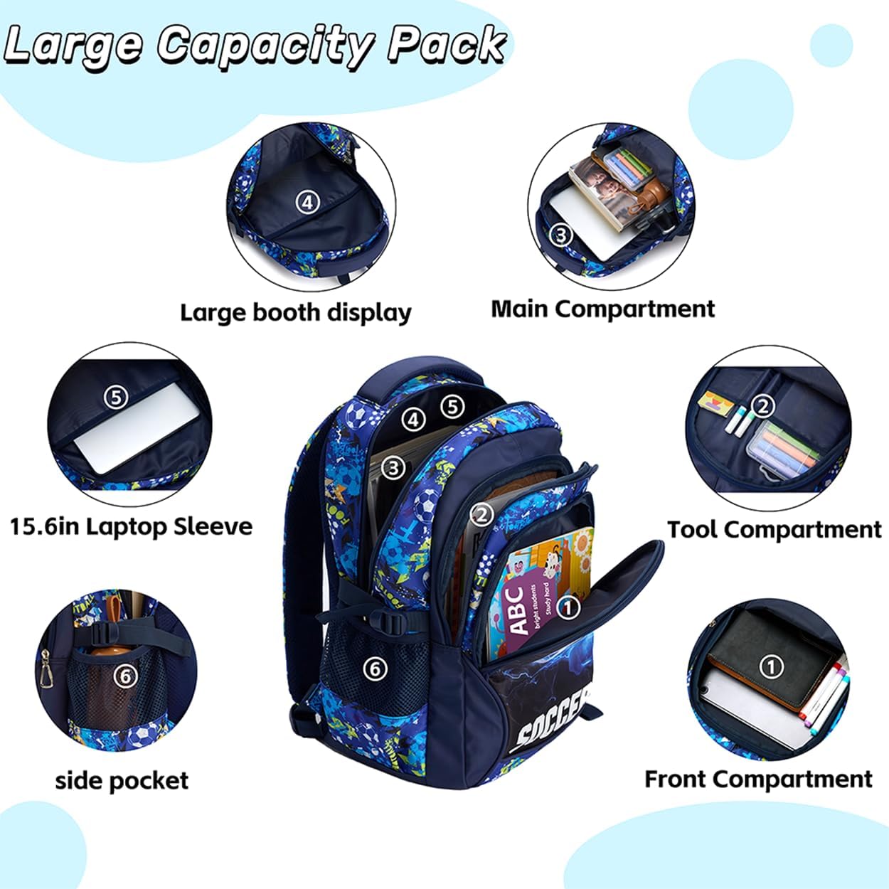 Kids Backpack for Boys Soccer School Backpacks Boy Spacious Laptop Bookbag Elementary Schoolbag Waterproof Durable (Blue)