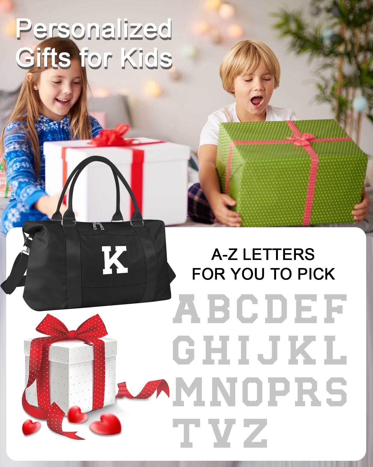 Initial Travel Duffel Bag Sports Gym Bag for Boys Teen Birthday Gifts,Black Personalized Weekender