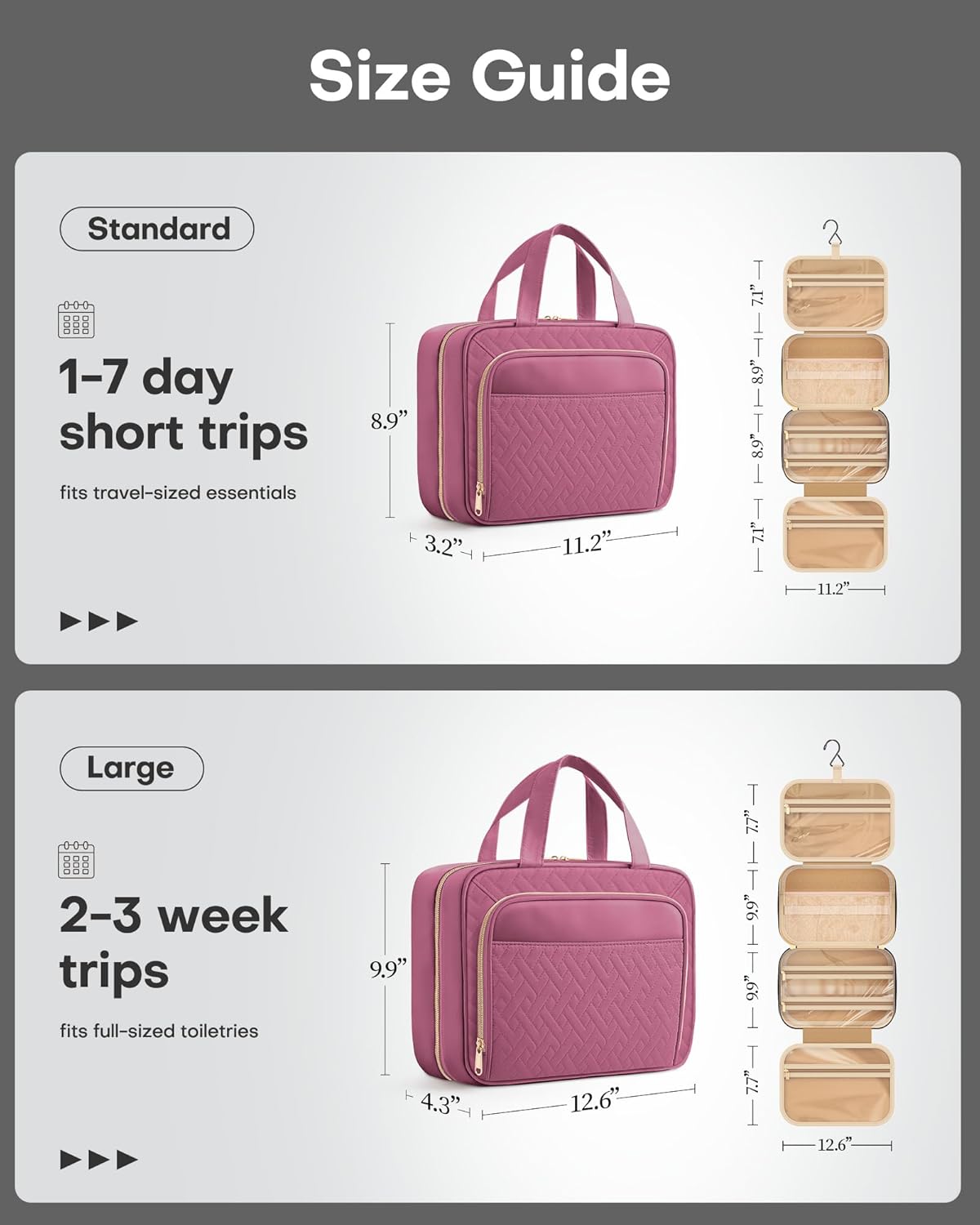 HOTOR Travel Toiletry Bag for Women & Men, Waterproof Makeup Bag with Hanging Hook and Multiple Pockets, Cosmetic Bags for Women, Travel Essentials, 12.6'' x 4.3'' x 9.9'', Rosewood-Pink