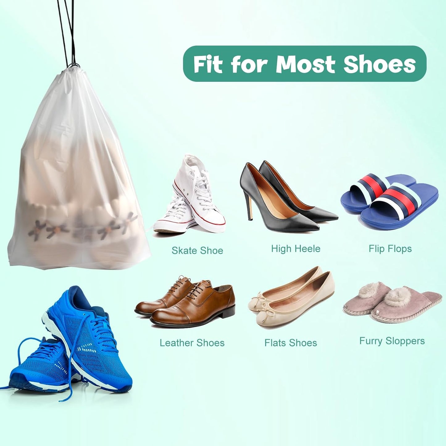 100Pcs Shoe Bags for Travel，PLULON 15.7" x 11.8" Clear Drawstring Storage Plastic Bags Shoes Organizer for Packing Waterproof Dustproof Women Men Portable Travel Essentials