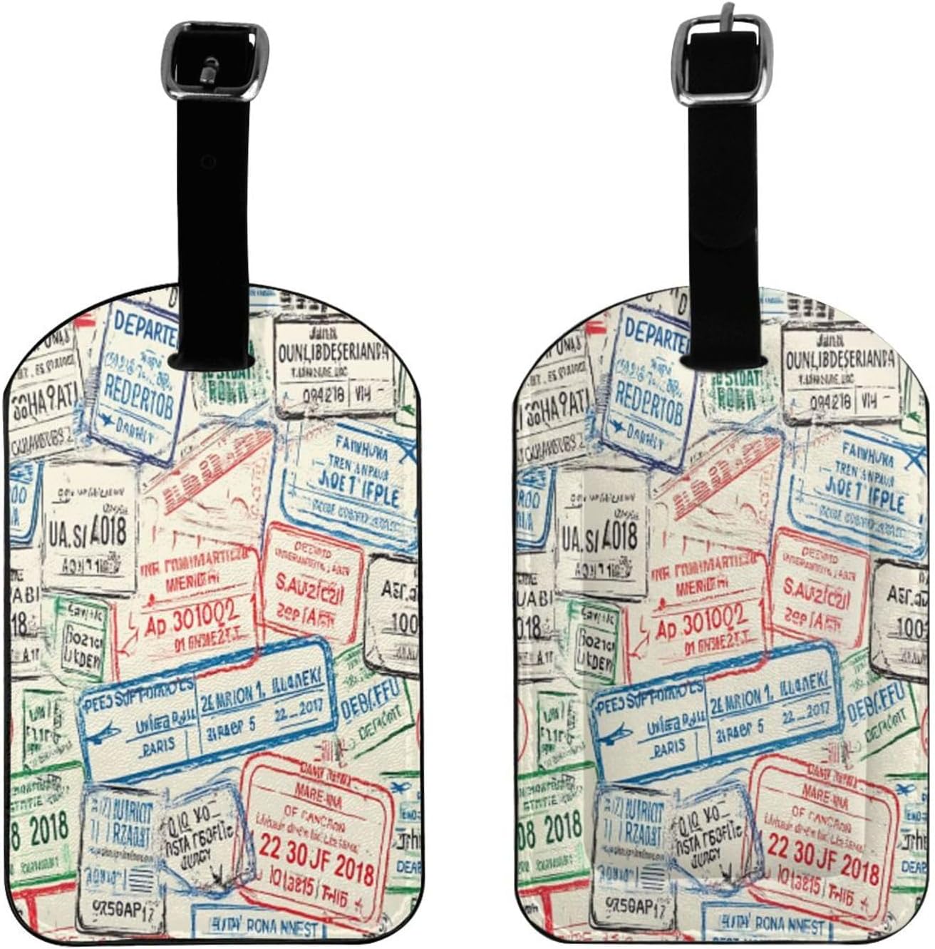 Grunge Passport Luggage Tag for Suitcases,Airport Stamps Colorful Red Green Gray Blue PU Leather