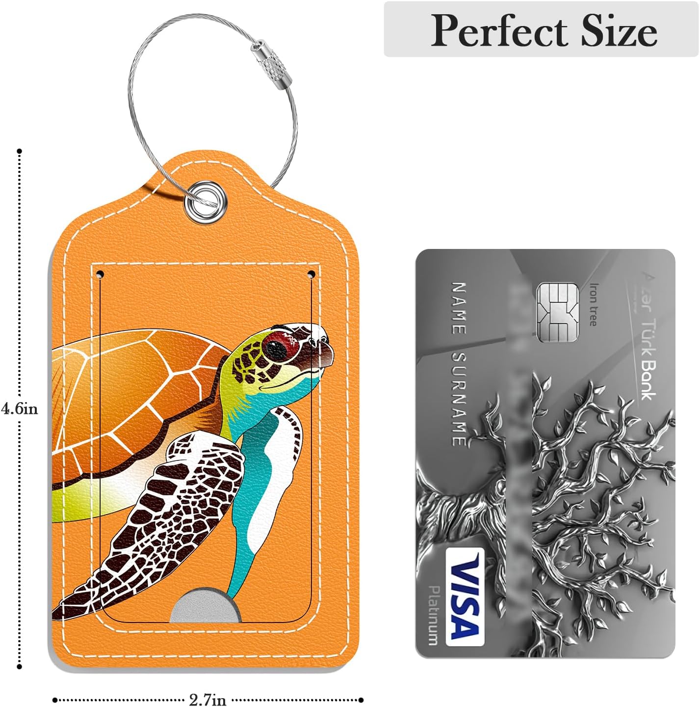 Luggage Tags for Suitcase, 2 Pack PU Leather Travel Cruise Luggage Tag with Privacy Flap, Name ID Label and Metal Loop for Women Men Girls Suitcase Baggage Bag Backpack, Turtles Orange