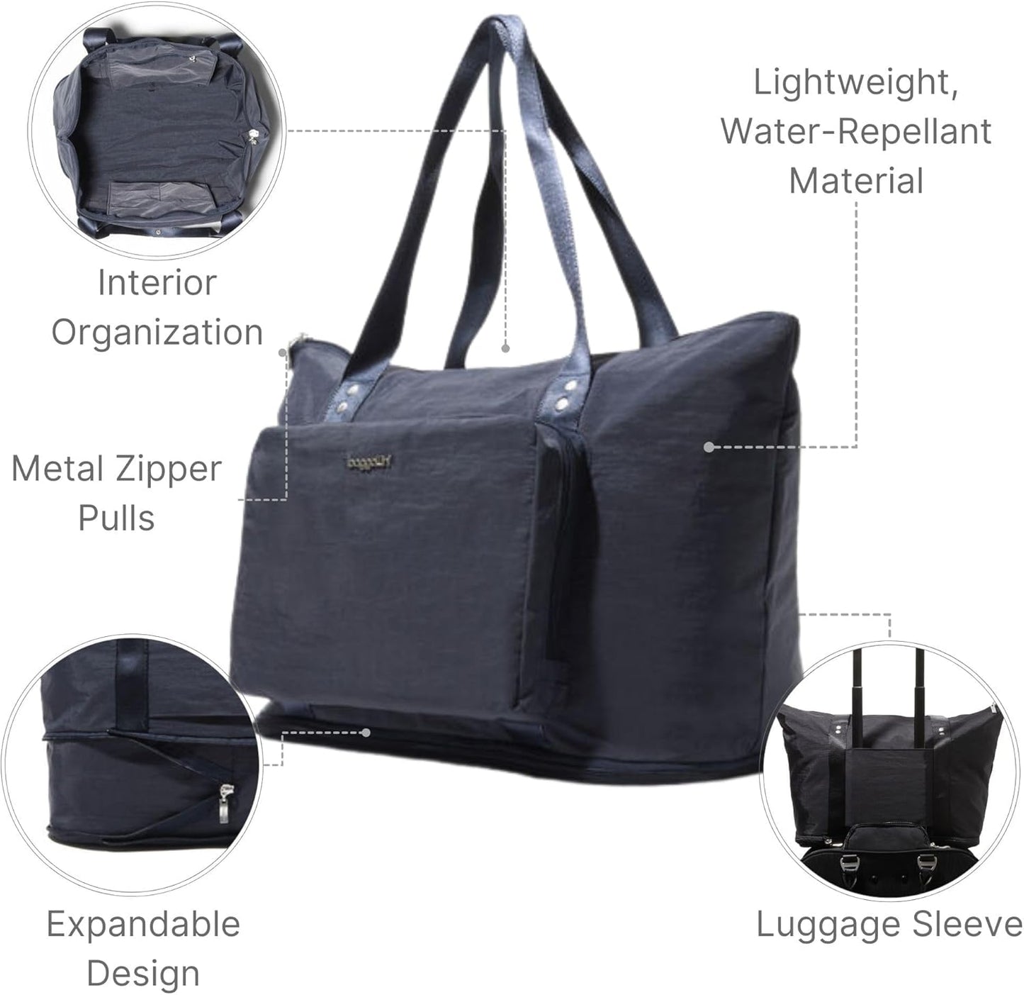 Baggallini Carryall Expandable Lightweight Travel Tote 22" Packable Folding Compact Nylon Washable Weekender w/Luggage Sleeve