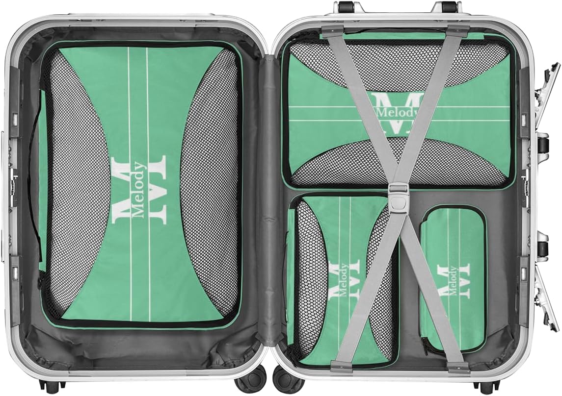 Personalized 4 Set Packing Cubes Luggage Packing Organizers Travel Accessories for Women Girls Men, Mint Green with Initial Letter
