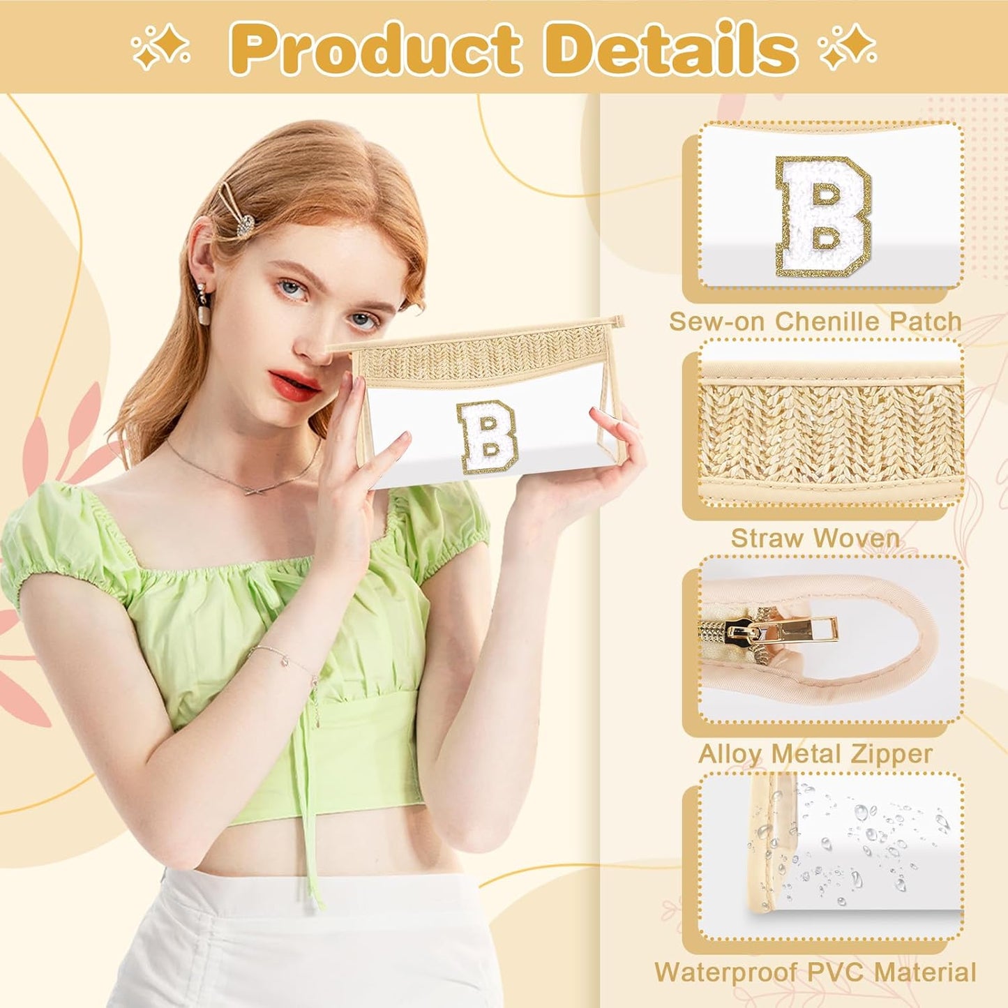 Personalized Initial Letter Bag Boho Straw Clear Makeup Bag,Small Cute Chenille Varsity Letter Bag With Zipper,Beach Travel Toiletry Bag,Portable Monogrammed Cosmetic Bag for Women Girls,B
