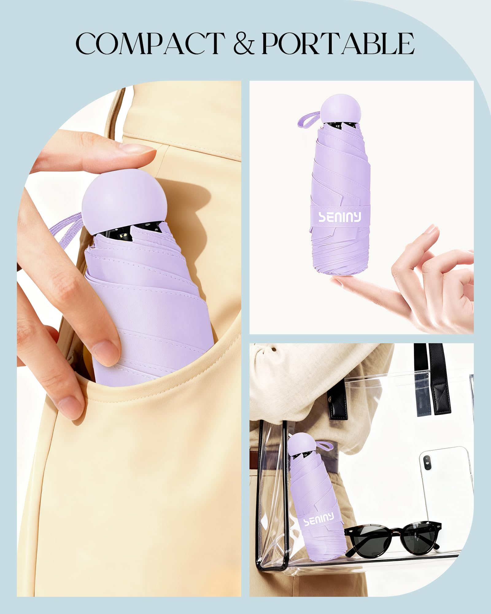 Seniny Mini Travel Umbrella with Case, Compact Pocket Size UV Sun & Rain