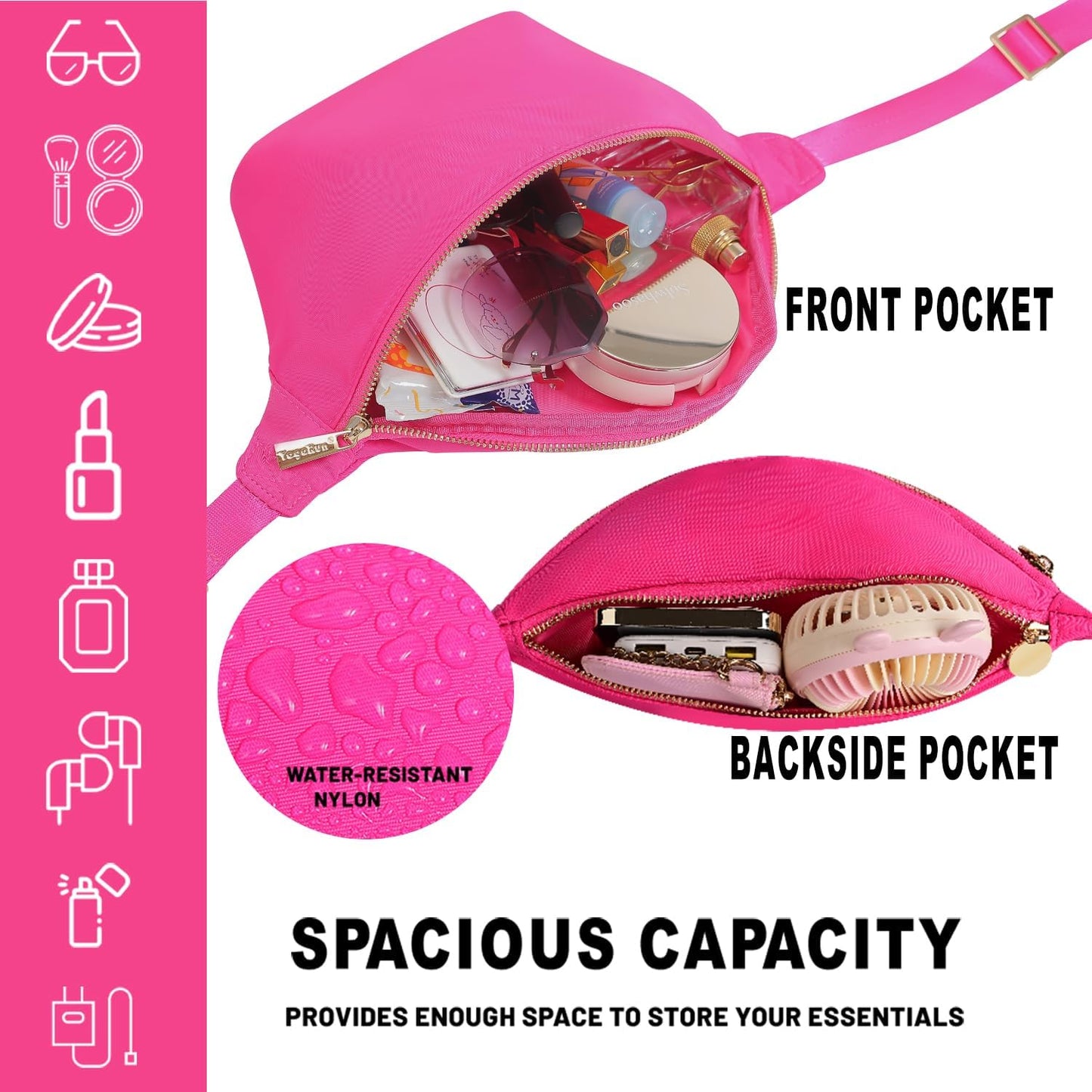 Waist Fanny Pack Women Belt Bag Nylon Travel Crossbody Sling Bag (HotPink)