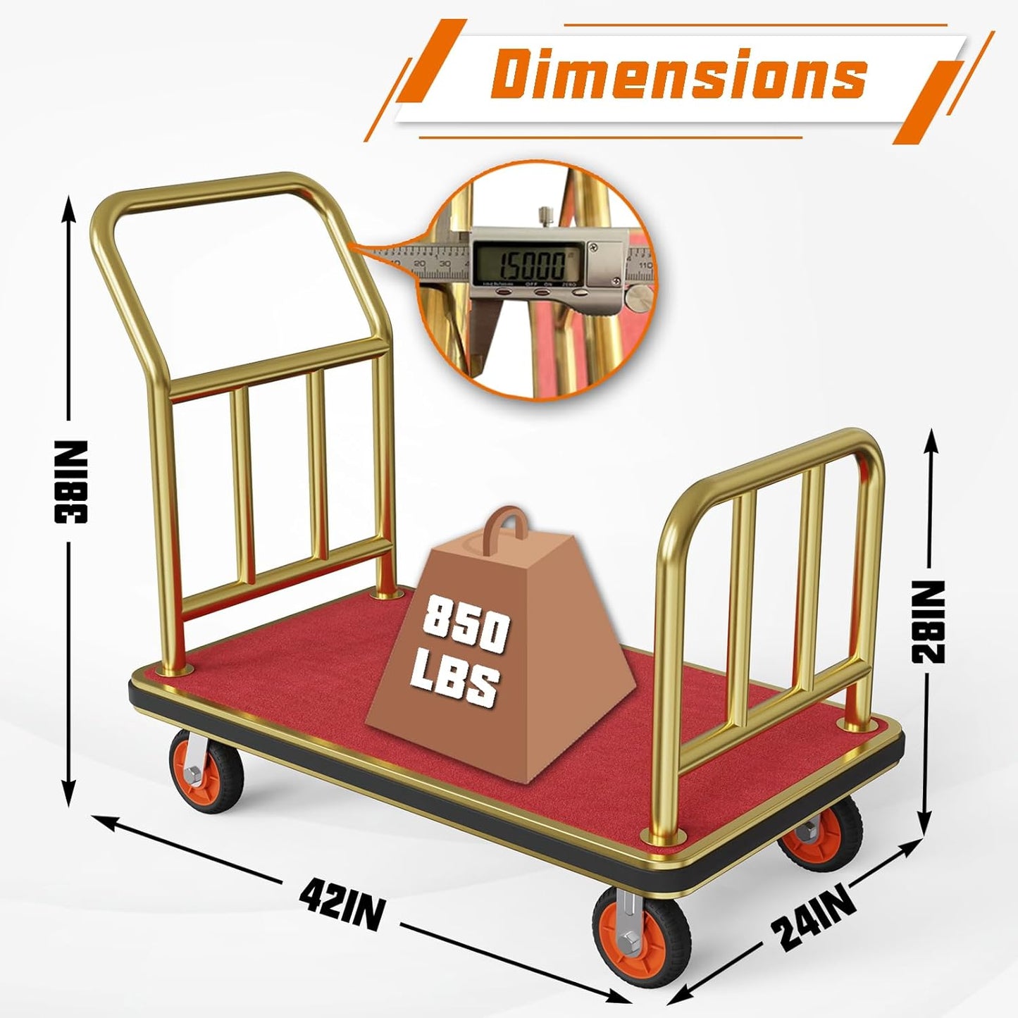 Gold Hotel Luggage Cart,42"x24" Bellman Cart with Baffle Guardrail and 6In Caster Weight Capacity Up to 850LBS Provide Convenience to Guest Gold Finished Hotel Cart Add Elegance to Hotel&Resort