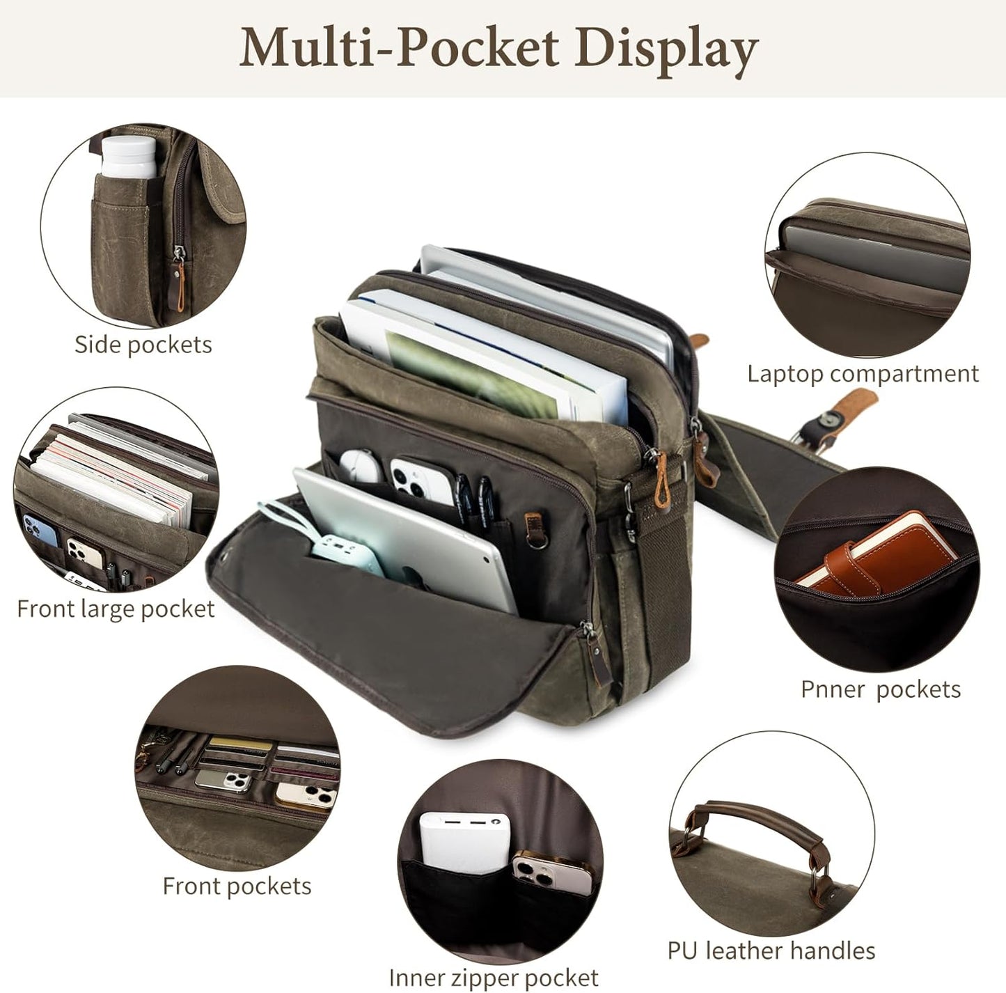 Wogarl 15.6" Messenger Bag for Men: Leather Waxed Canvas Briefcase Large Computer Laptop Bag Handbags Crossbody Bags for Work