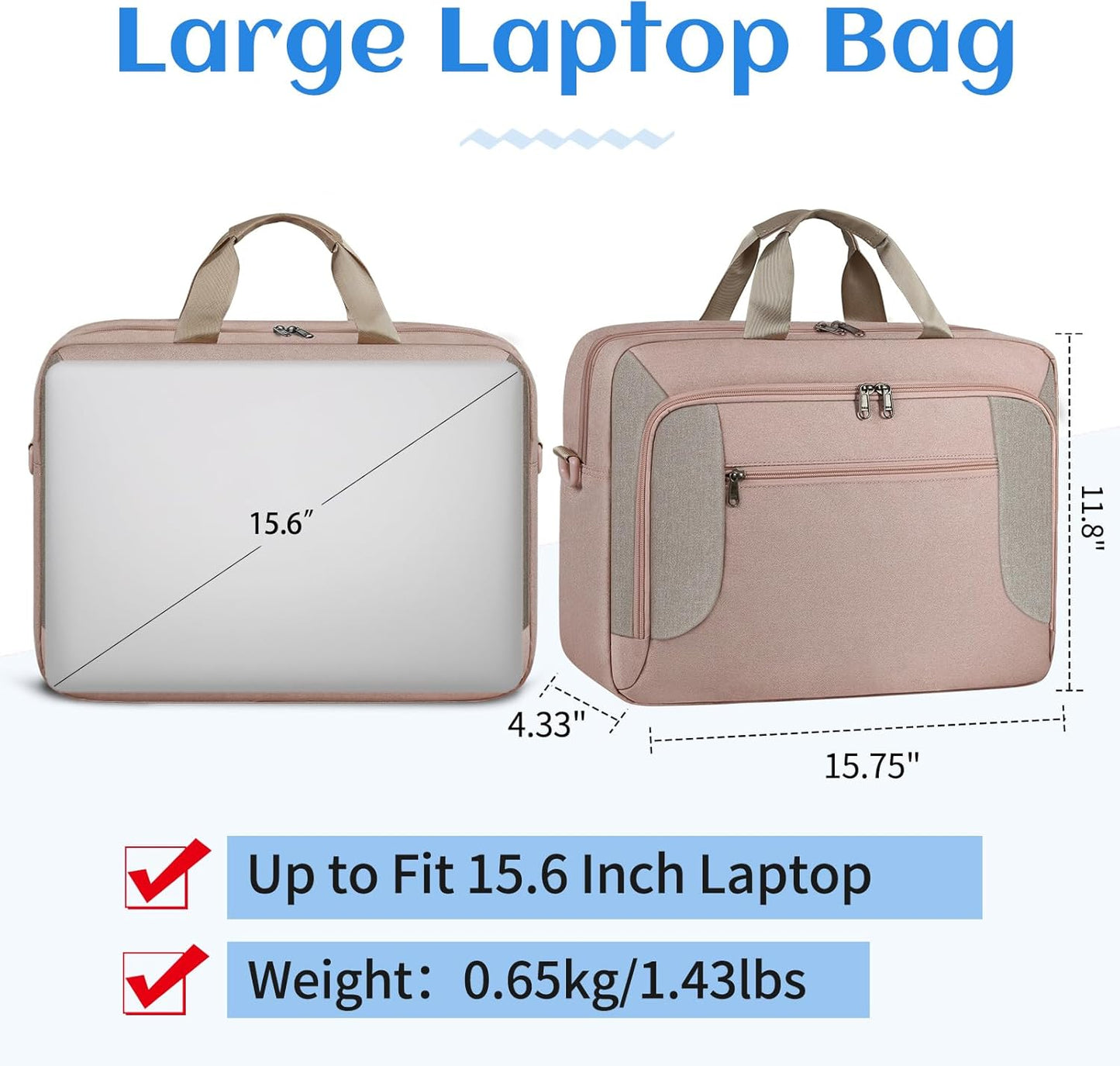 Laptop Bag 15.6 Inch Laptop Briefcase Computer Bag for Men Women Waterproof Business Office Work Large Laptop Case 15.6 Inch Adjustable Shoulder Messenger Bag Pink