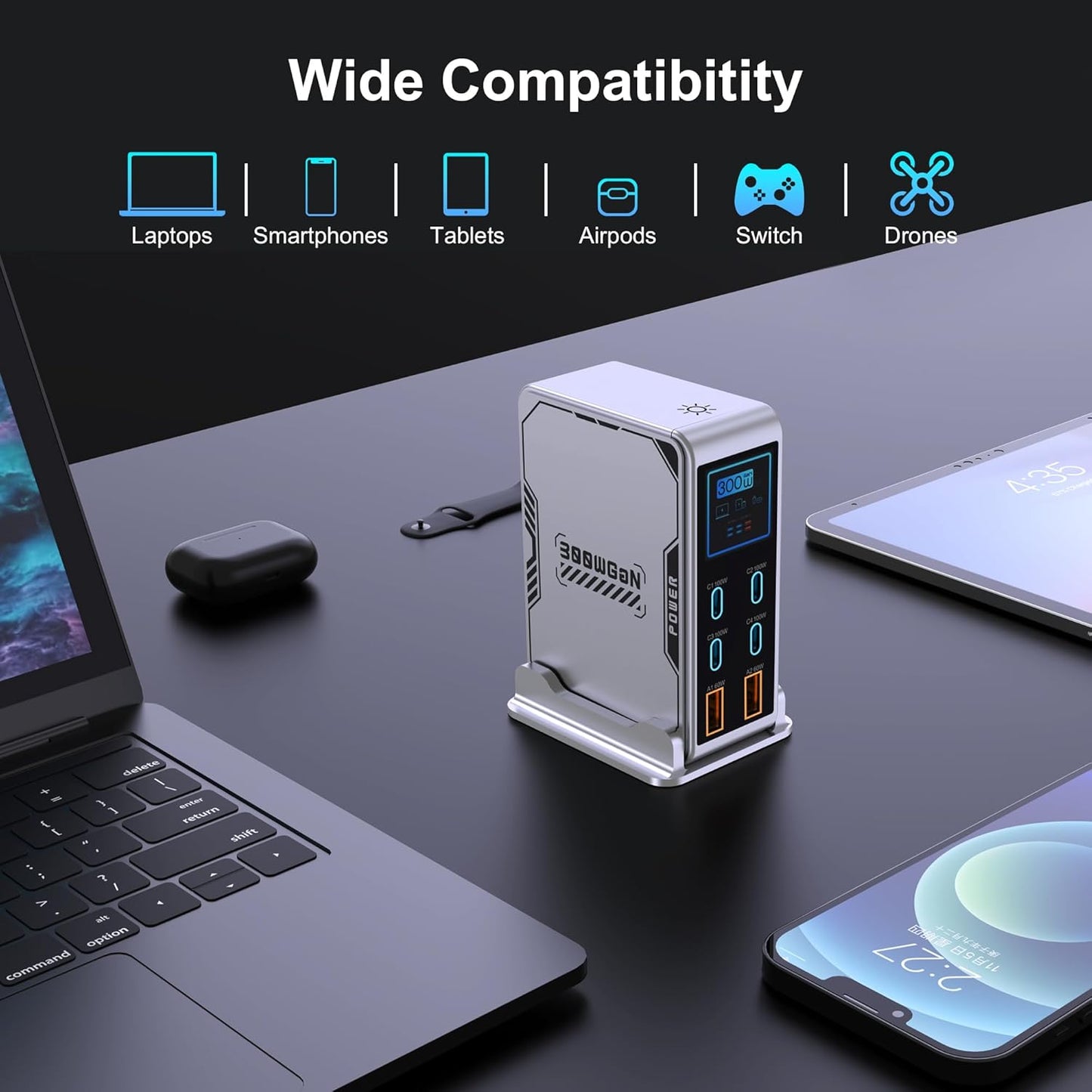300W USB C Charging Station, GaN Tech 6-Ports(4C+2A) Fast Charger, TFT LCD Power Display, PD3.0 100W PPS 45W QC60W for MacBook Pro/Air, iPhone 16/15/14, iPad, Galaxy S25/S24 and More