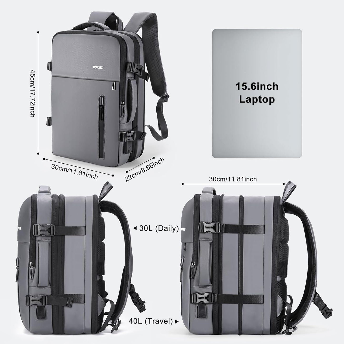 HOMIEE Carry on Backpack Extra Large Travel Bag, Expandable Hand Luggage Suitcase Anti-Theft Business Backpack, Water Resistant Lightweight Weekender Bag, Grey