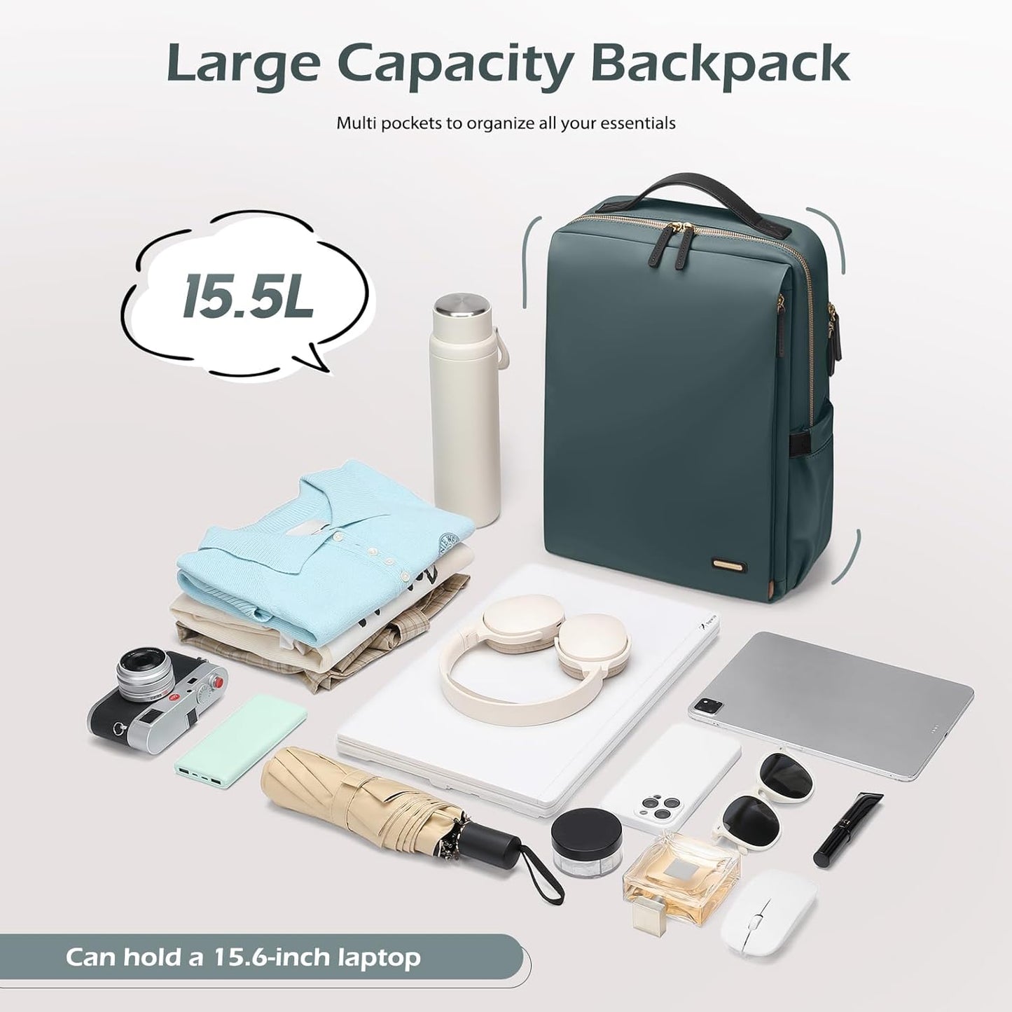 Stylish Laptop Backpack for Women Airline Approved Perfect for Work College and Travel Multi-Functional Casual Daypack Fits 15.6 Inch Notebook (Atrovirens)