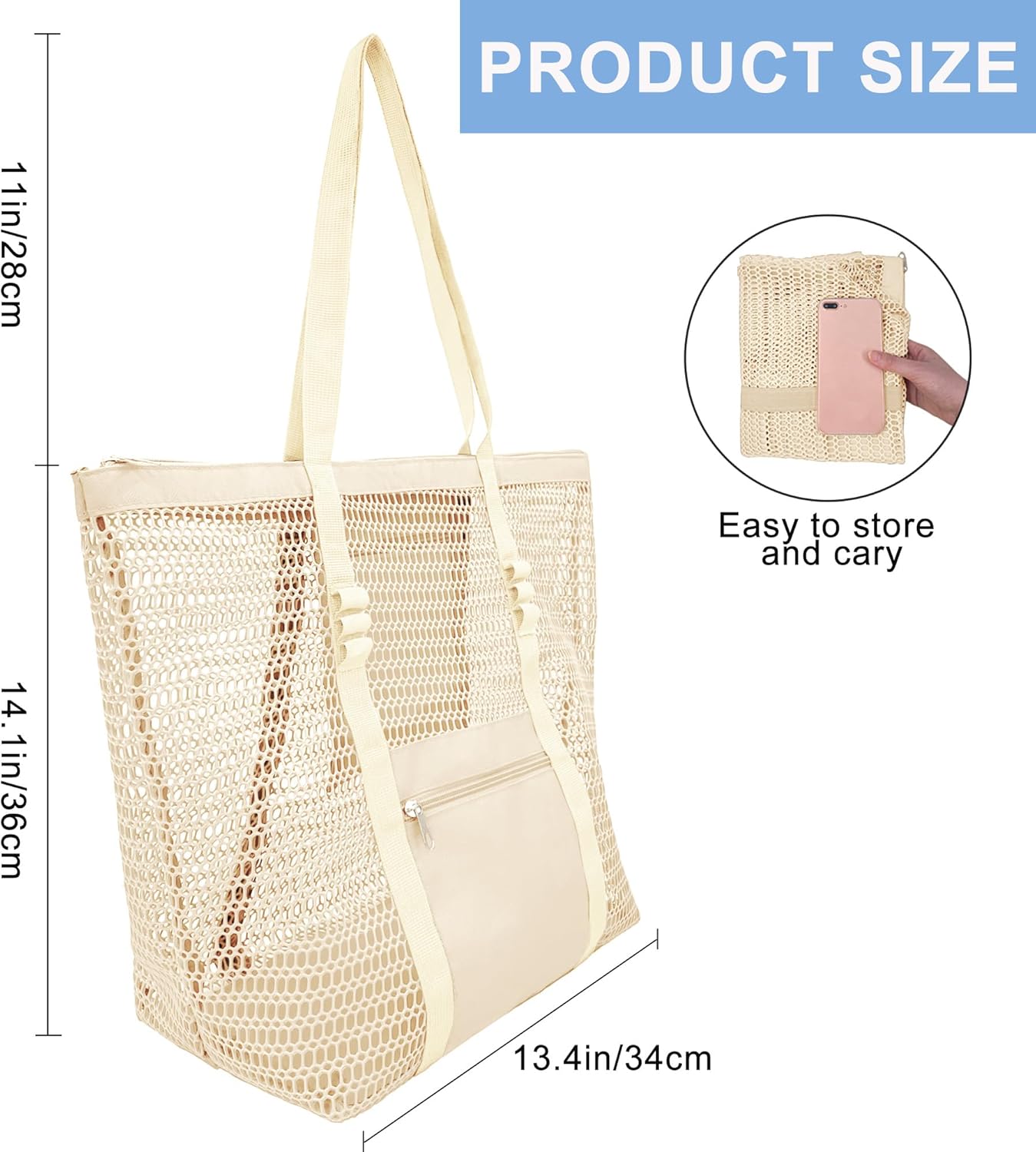 Mesh Beach Bags for Women with Zipper Foldable Hobo Tote Bag Vacation Shoulder Bags for Swimming Pools