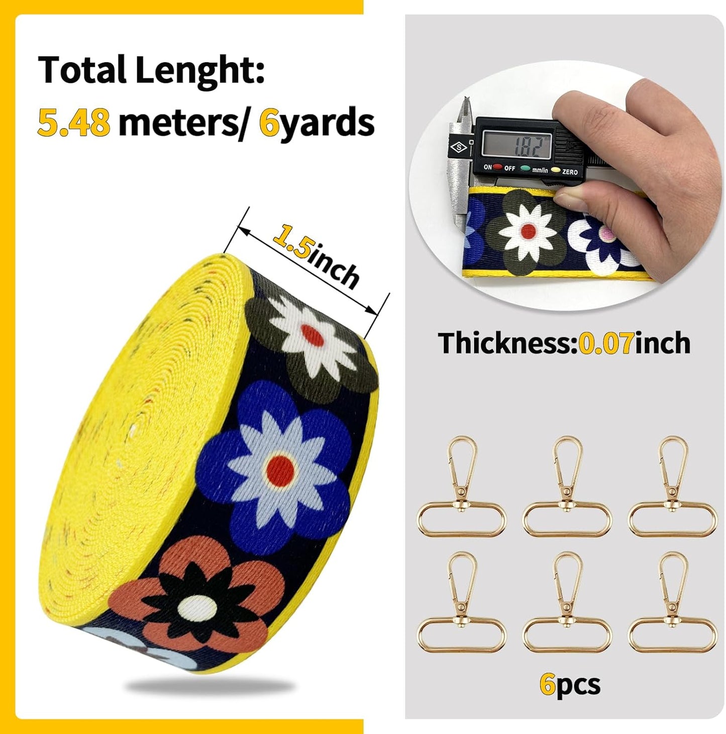 Printed Flower Nylon Webbing with Buckle 1 1/2 inch 6 Yards Black & Yellow Patterned Fabric Webbing Luggage Handle Jacquard Ribbon for Backpack Bags-Seatbelt-Clothing-Sewing-DIY Crafts & Projects