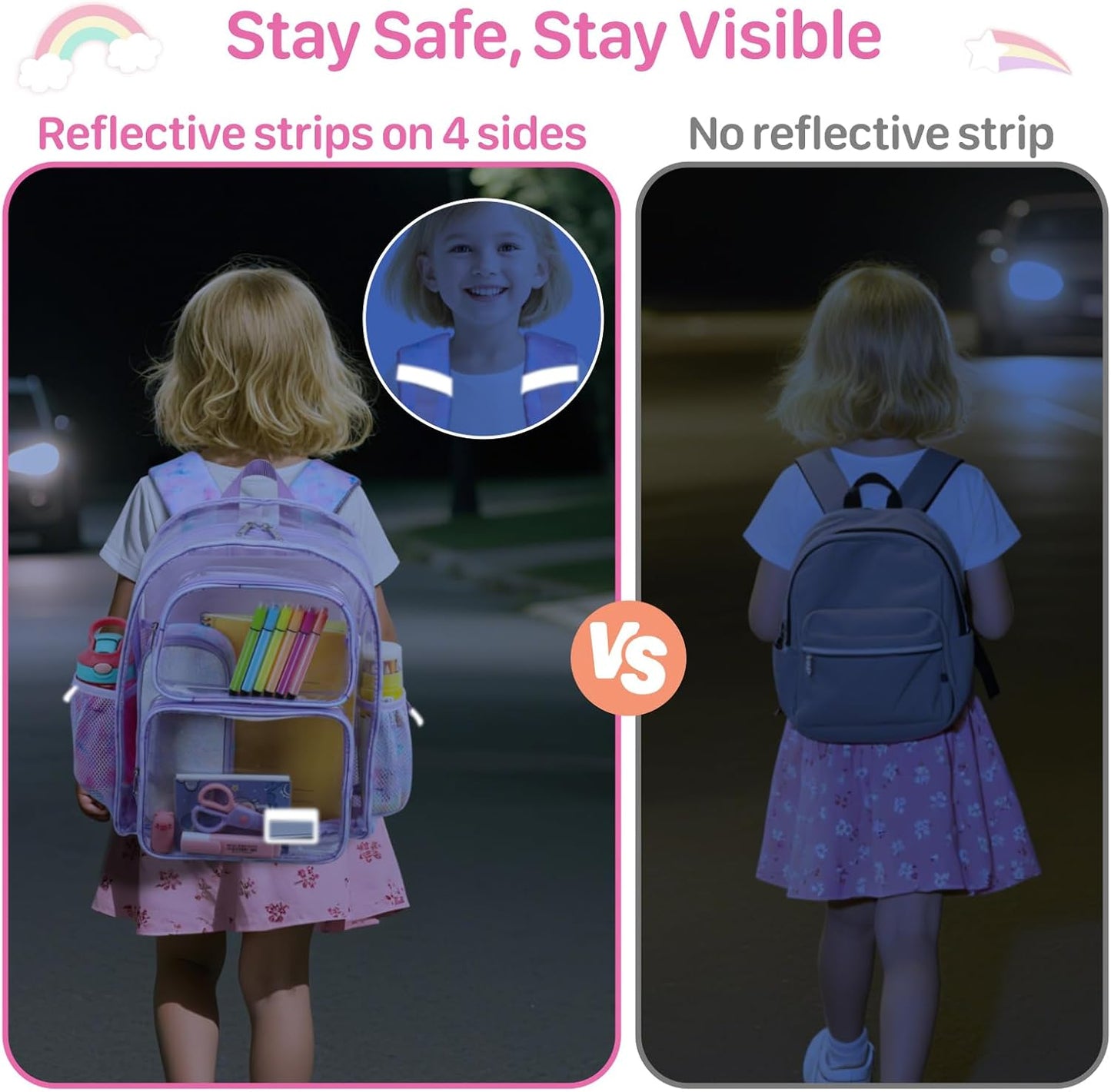 Bagseri Clear Backpack for Girls - 15 Inch Clear Bookbag for Kids Aged 3 to 8 Heavy Duty Transparent Backpack for School, Cute See Through Bag with Reflective Strip, Purple Tie-dye