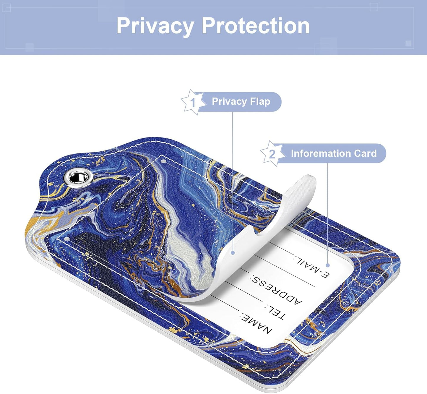 2 Pack PU Leather Luggage Tags for Suitcase, Travel Cruise Luggage Tag with Privacy Flap, Name ID Label and Metal Loop for Women Men Baggage Handbag School Bag Backpack, Blue Flow Marble